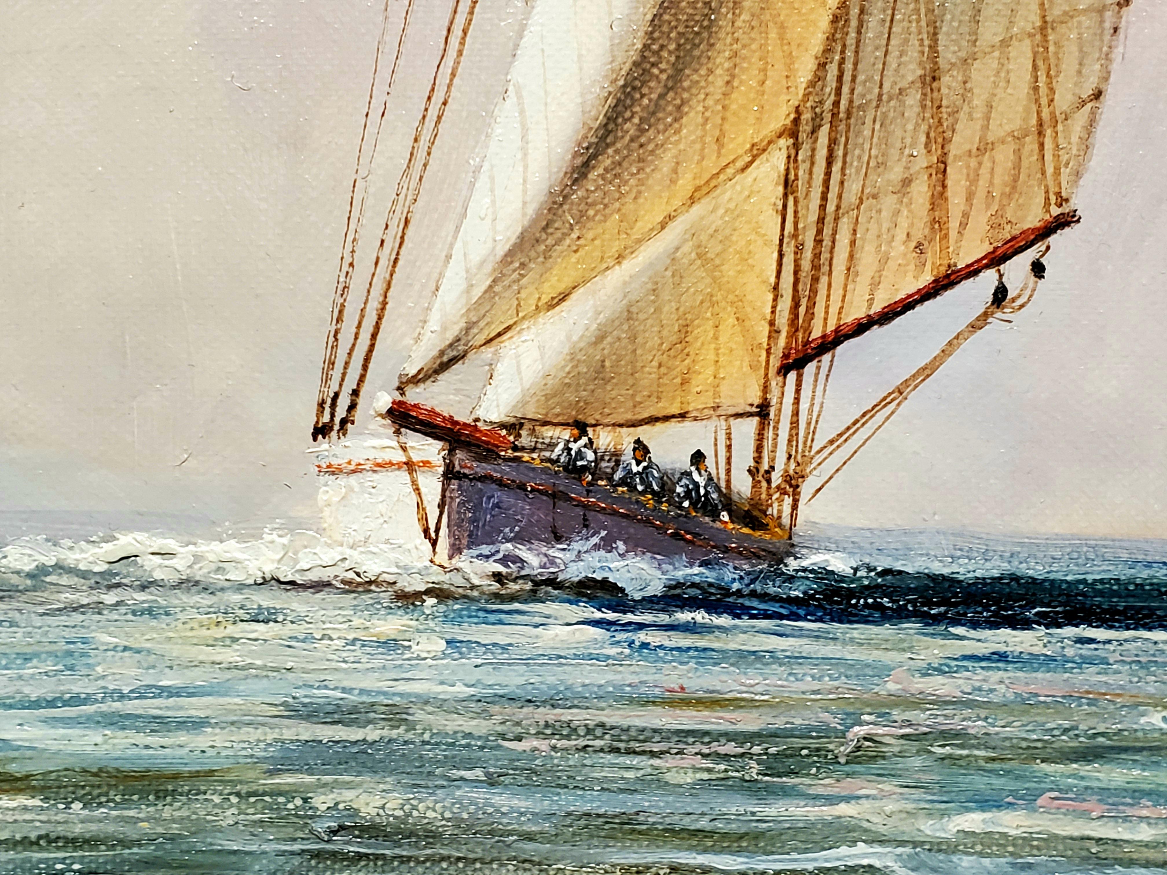 Wide Maritime Landscape Painting of 3 Sailboats At Sea by D. Tayler 7