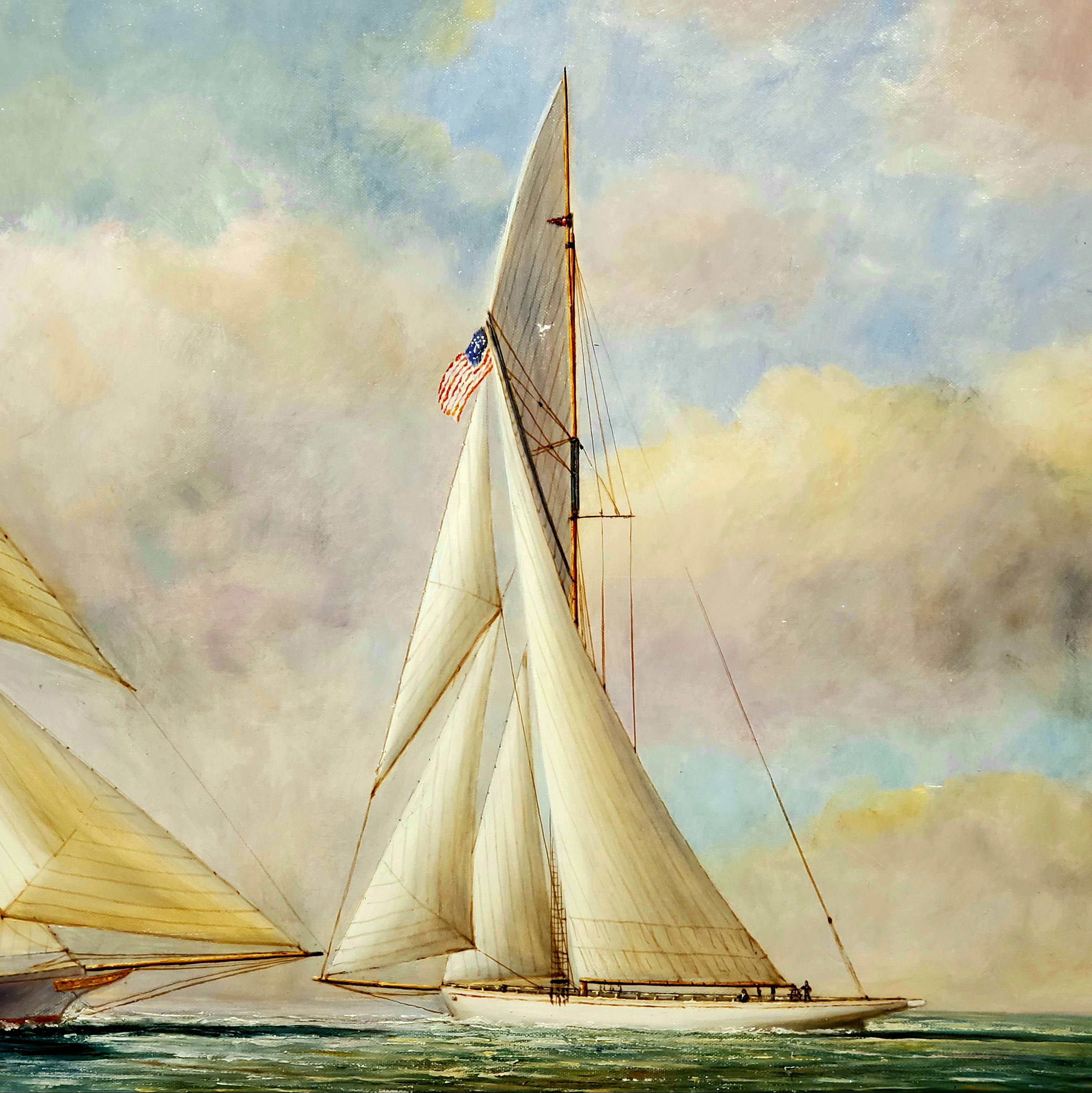 Wide Maritime Landscape Painting of 3 Sailboats At Sea by D. Tayler 5