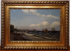 Large Danish Marine Panoramic Seascape Painting  original frame 