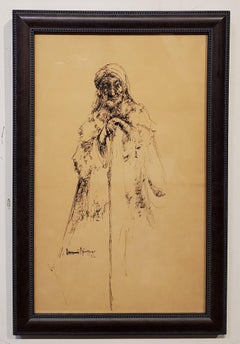 Ink Drawing of a Peasant Holding a Cane, dated '62