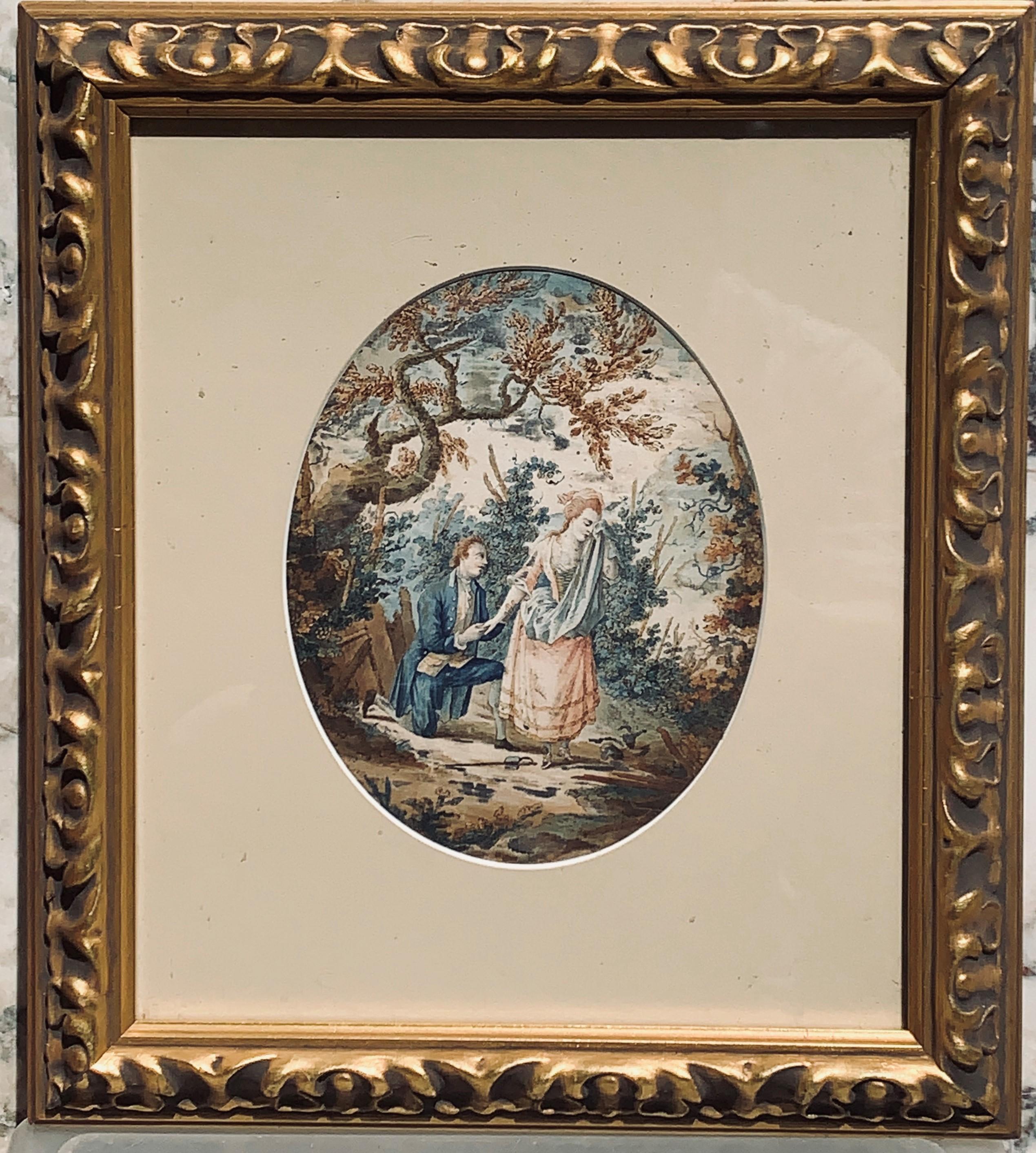Late 18th C Watercolor on paper Showing A Couple in a Landscape Oval Format