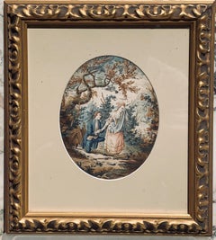 Late 18th C Watercolor on paper Showing A Couple in a Landscape Oval Format