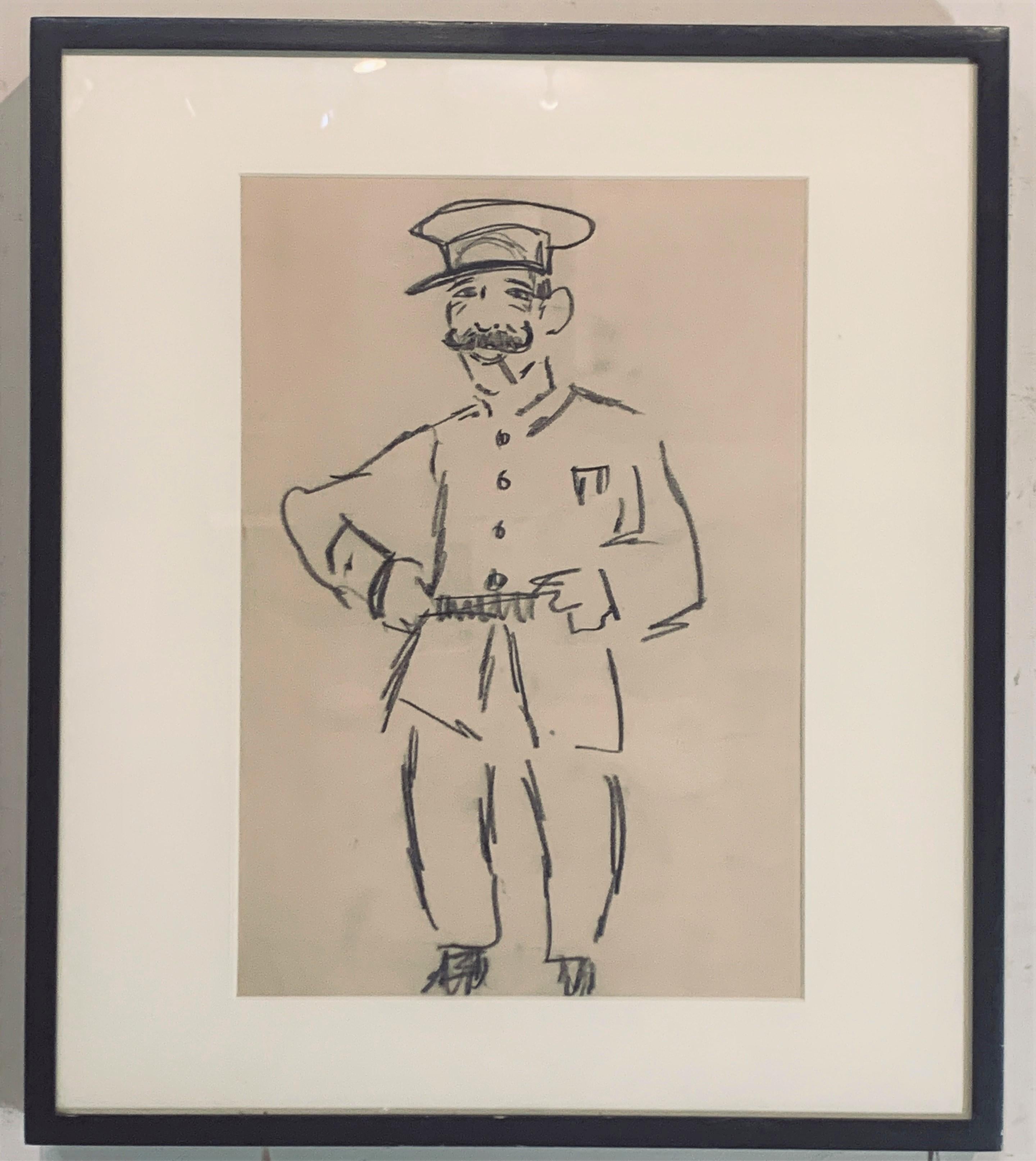 Provenance:  Sotheby's NY, bought with a group of drawings by Robert Henri, this sketch of a French "gardonne" (Police man) is framed and matted.  18" x 16" in a black frame.  Marjorie Organ, born in Ireland in 1886, was one of the first female