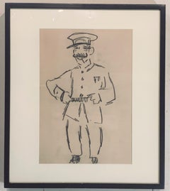 Marjorie Organ  Sketch of a French Police Man,  Charcoal on Paper