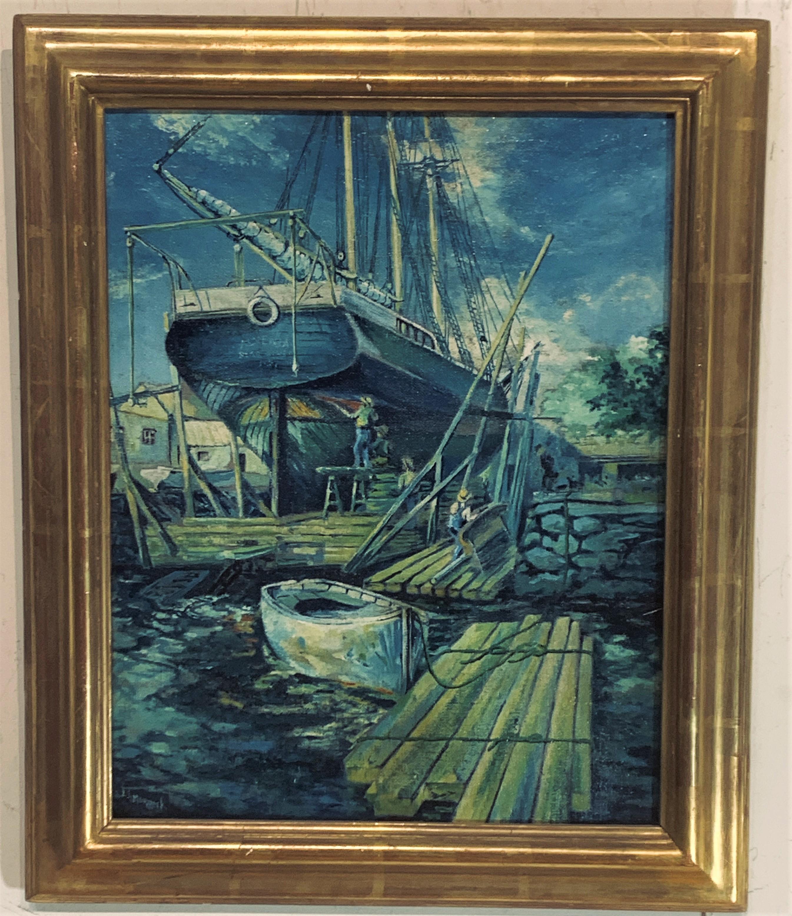 Edwin F. Murdock Landscape Painting – Boote Dockside von Edwin Murdock, die Alvenia.   Öl auf Leinwand, um 1915.