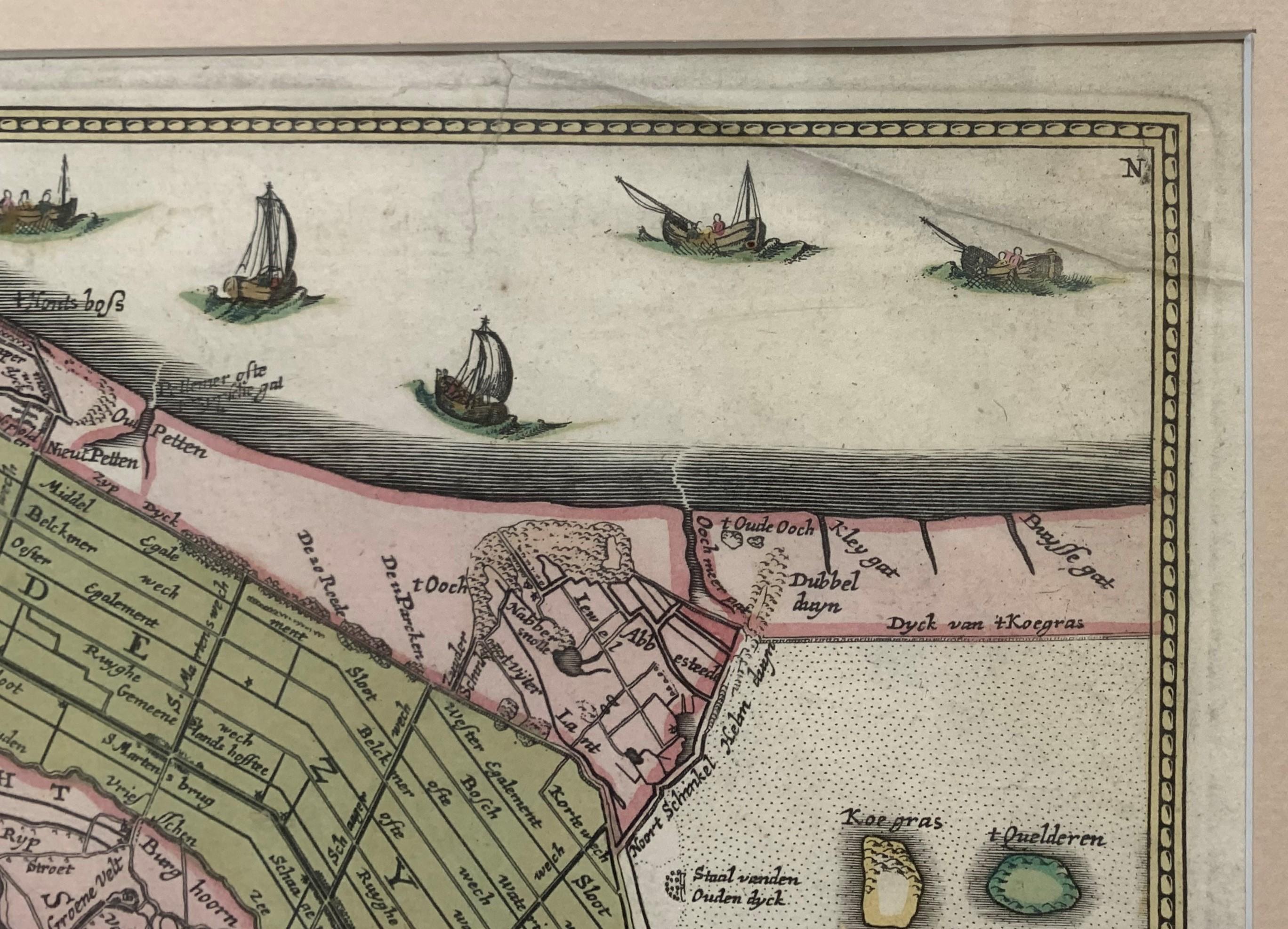 This antique map of The Netherlands from the 18th Century is titled Noordt Holland, by the publishers Johannes Covens and Cornelius Mortier. This map is in good antique condition, there is some slightly noticeable creasing and the top left corner