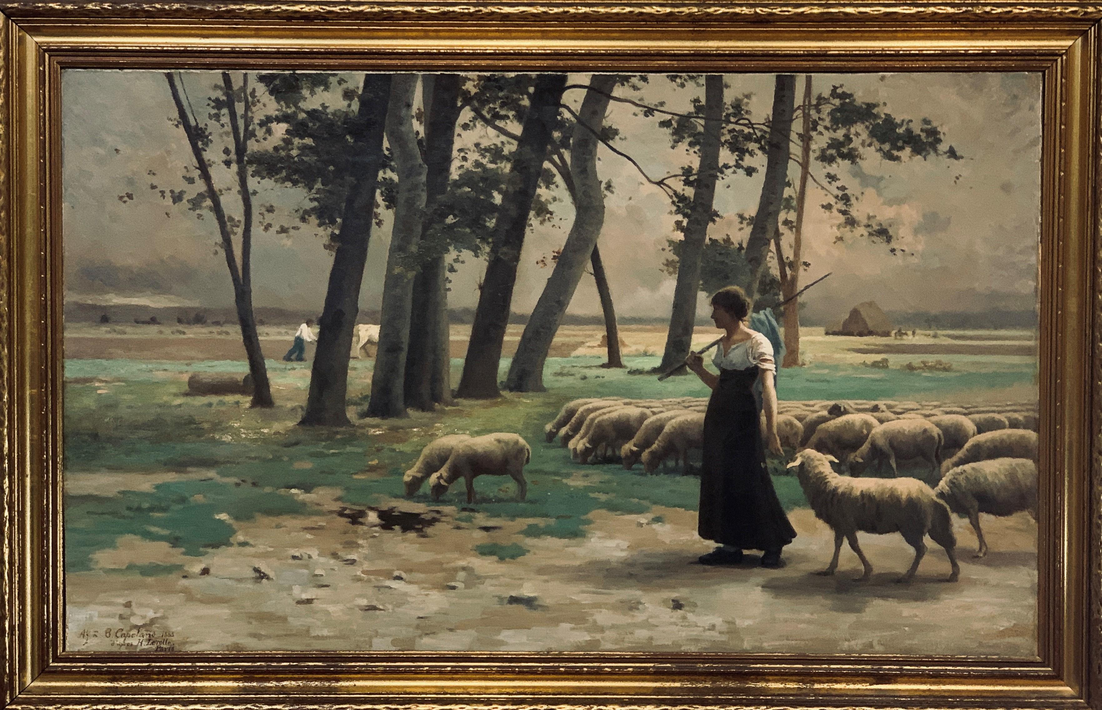 Landscape Painting Alfred Bryant Copeland - Bergère et moutons d'Alfred Copeland, daté de 1885
