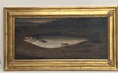 Antique John Miles, American, Atlantic Salmon on a Riverbank, oil on canvas, dated 1885