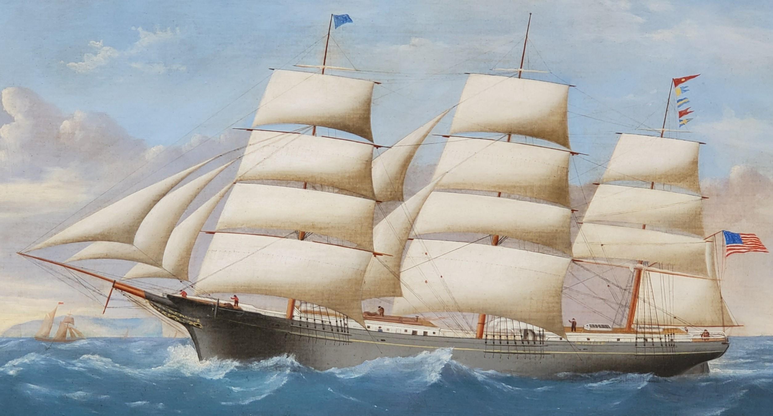 A View of the Ship Pharos Flying the American Flag Signed by Charles Waldron

Oil on canvas, signed. in what appears to be the original carved walnut frame. 

Framed it is 29.5