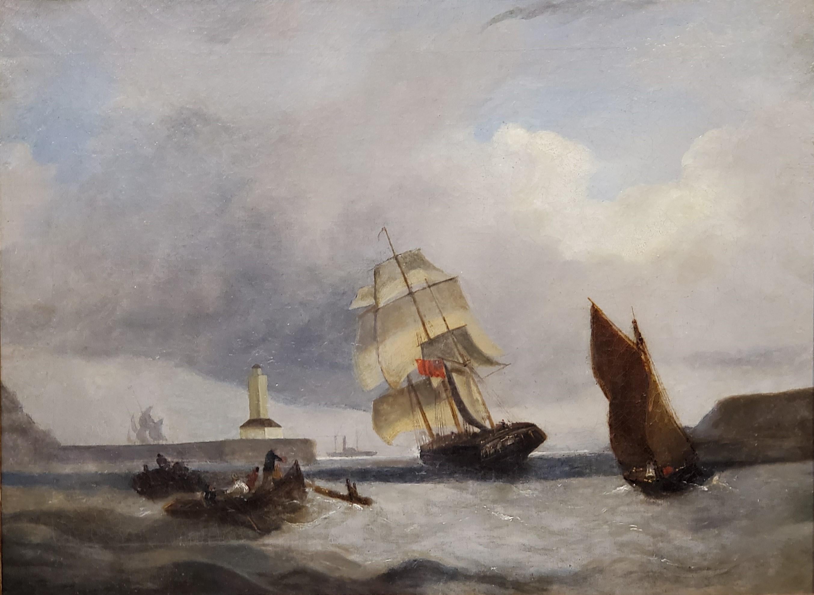 Marinelandschaft des späten 19. Jahrhunderts:: Gemälde eines Schiffes:: das in der Nähe eines Leuchtturms steht – Painting von A W Harrison