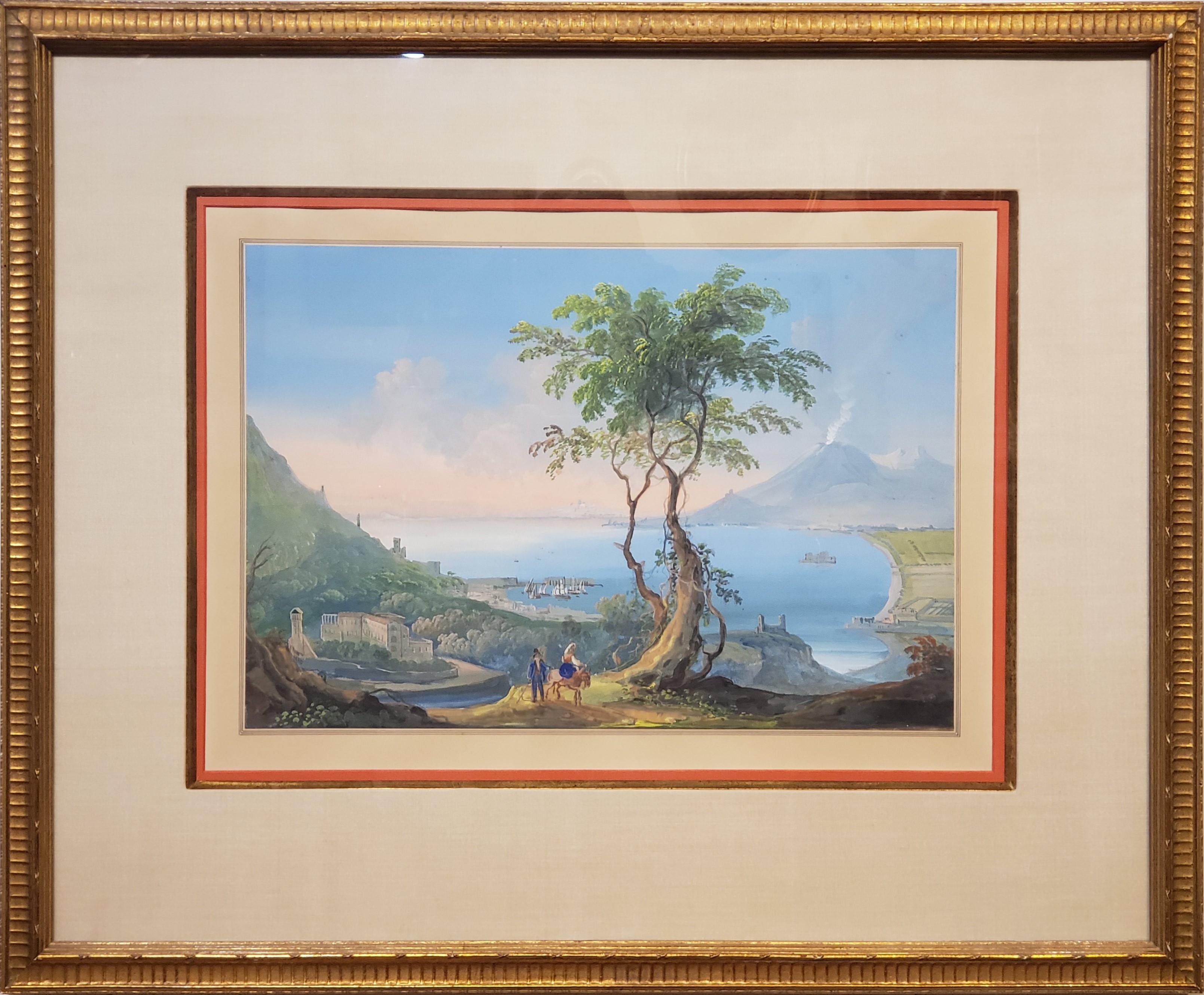 Unknown Landscape Art - Italian Gouache Painting Depicting Mt Vesuvius