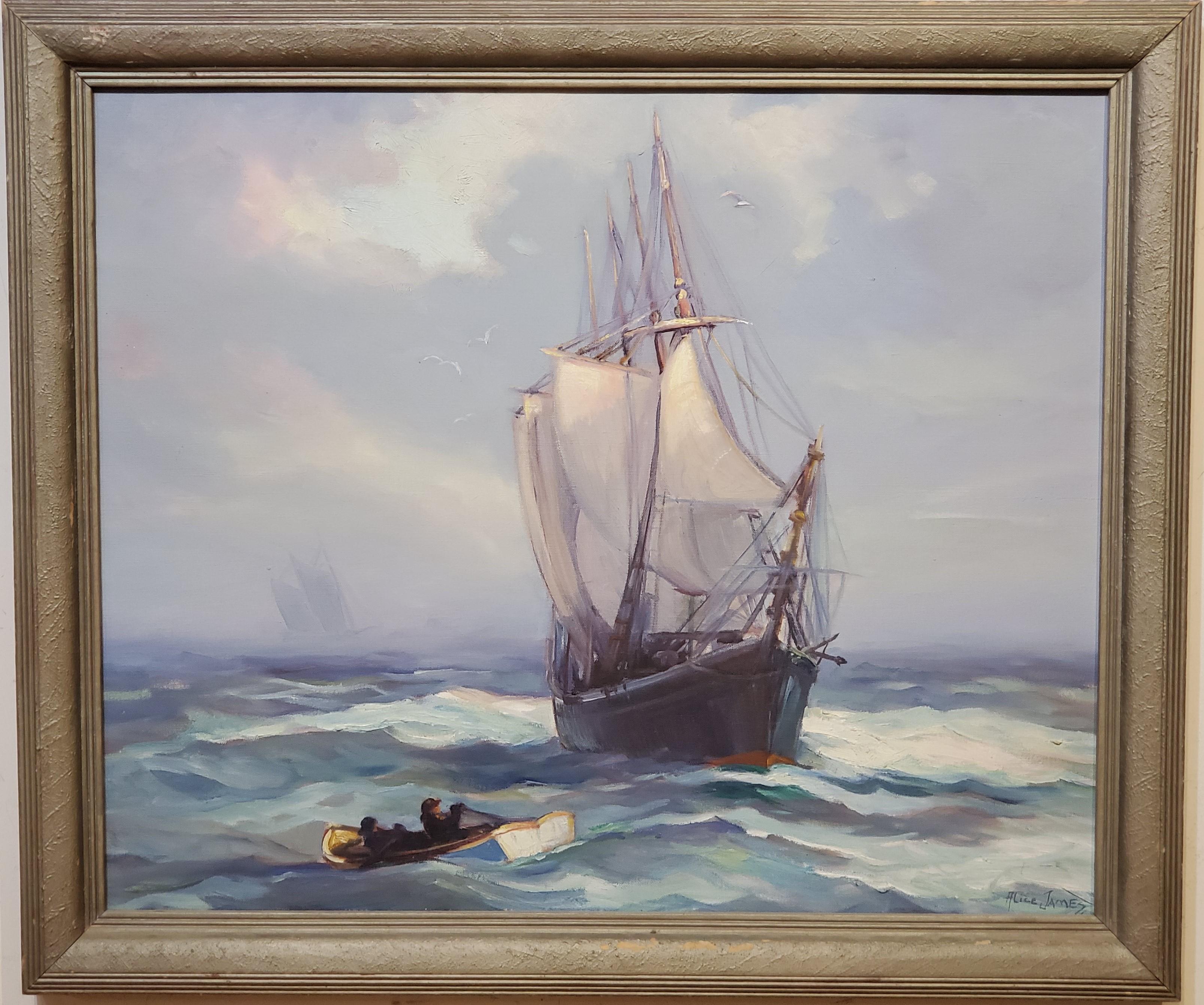 Peinture à l
huile - Paysage à bord d
un bateau à voile par Alice Estelle James 

Cette peinture maritime est signée dans le coin inférieur droit et se trouve dans son cadre d
origine mesurant 20" x 24". 

Alice Estelle James (1889-1970) 

Alice