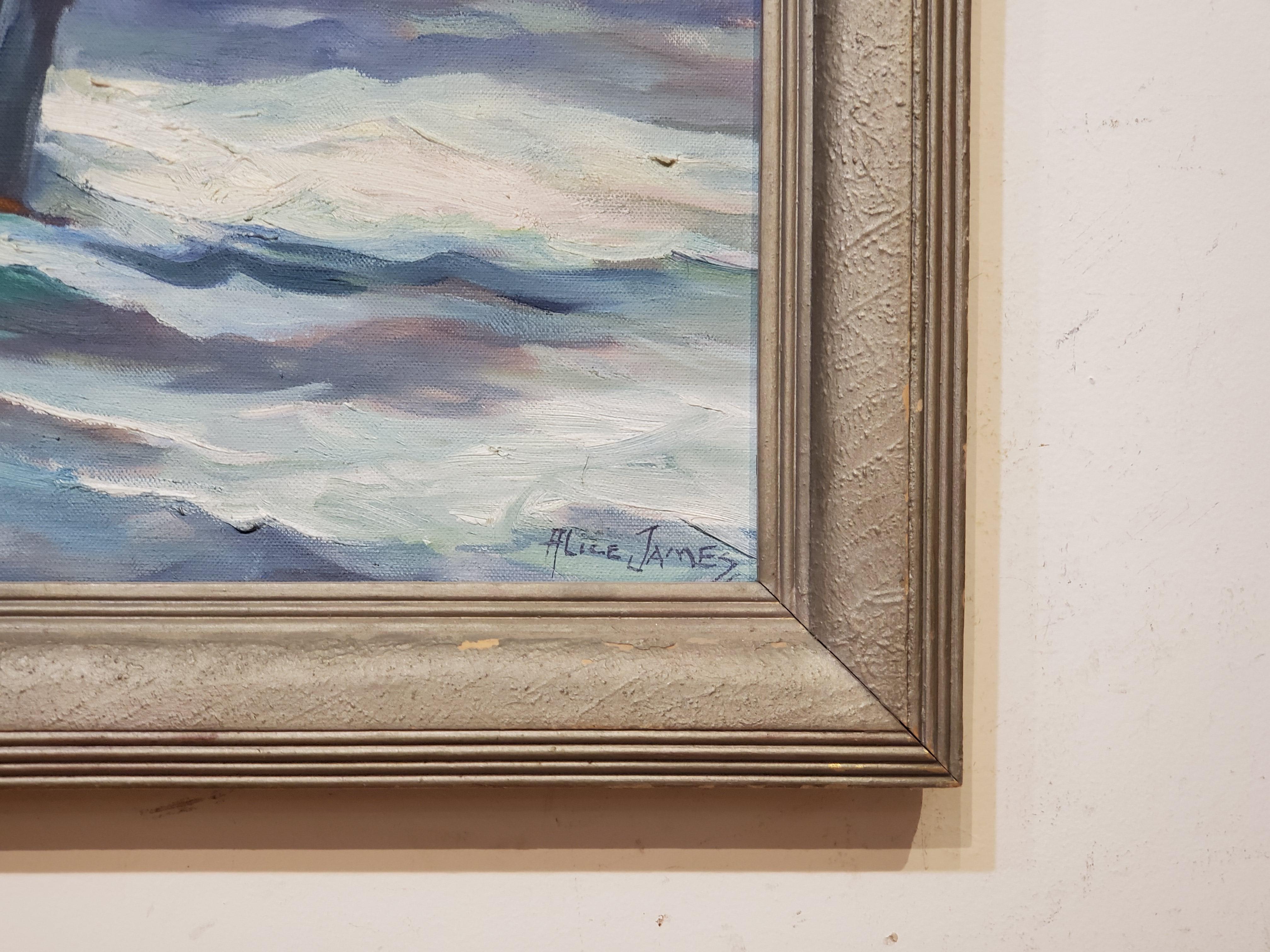 Peinture à l'huile - Paysage à bord d'un bateau à voile par Alice Estelle James 2