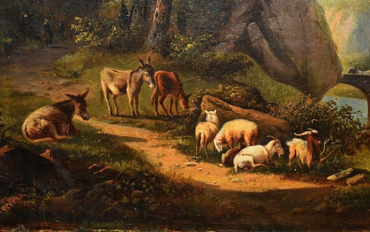 Dutch School Landscape Oil Painting With Various Animals - Brown Landscape Painting by Unknown