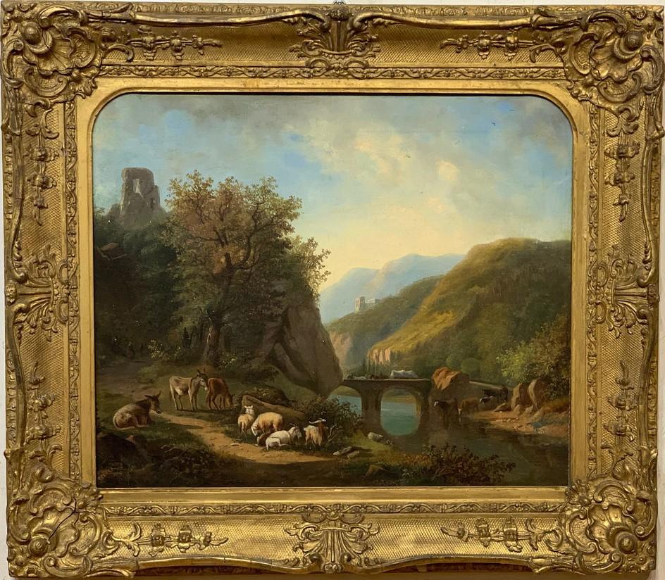 Unknown Landscape Painting - Dutch School Landscape Oil Painting With Various Animals