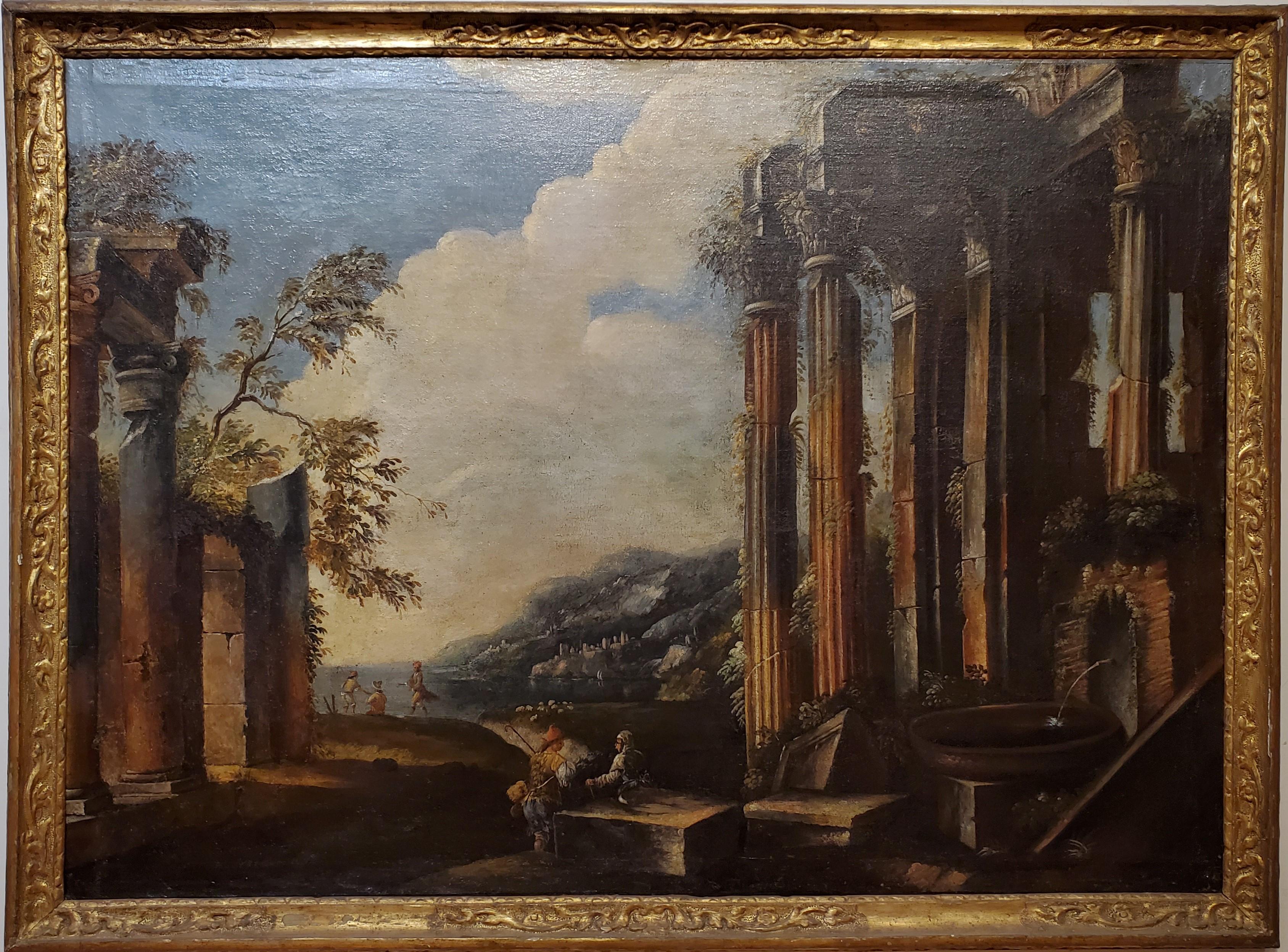 Dieses Gemälde wurde im 19. Jahrhundert im Stil des italienischen Barocks des 17. Jahrhunderts geschaffen.

Dieses Capriccio Gemälde von Ruinen ist Öl auf Leinwand und misst 57 Zoll breit und 43 Zoll hoch.

Diese Landschaft ist eine gute dekorative