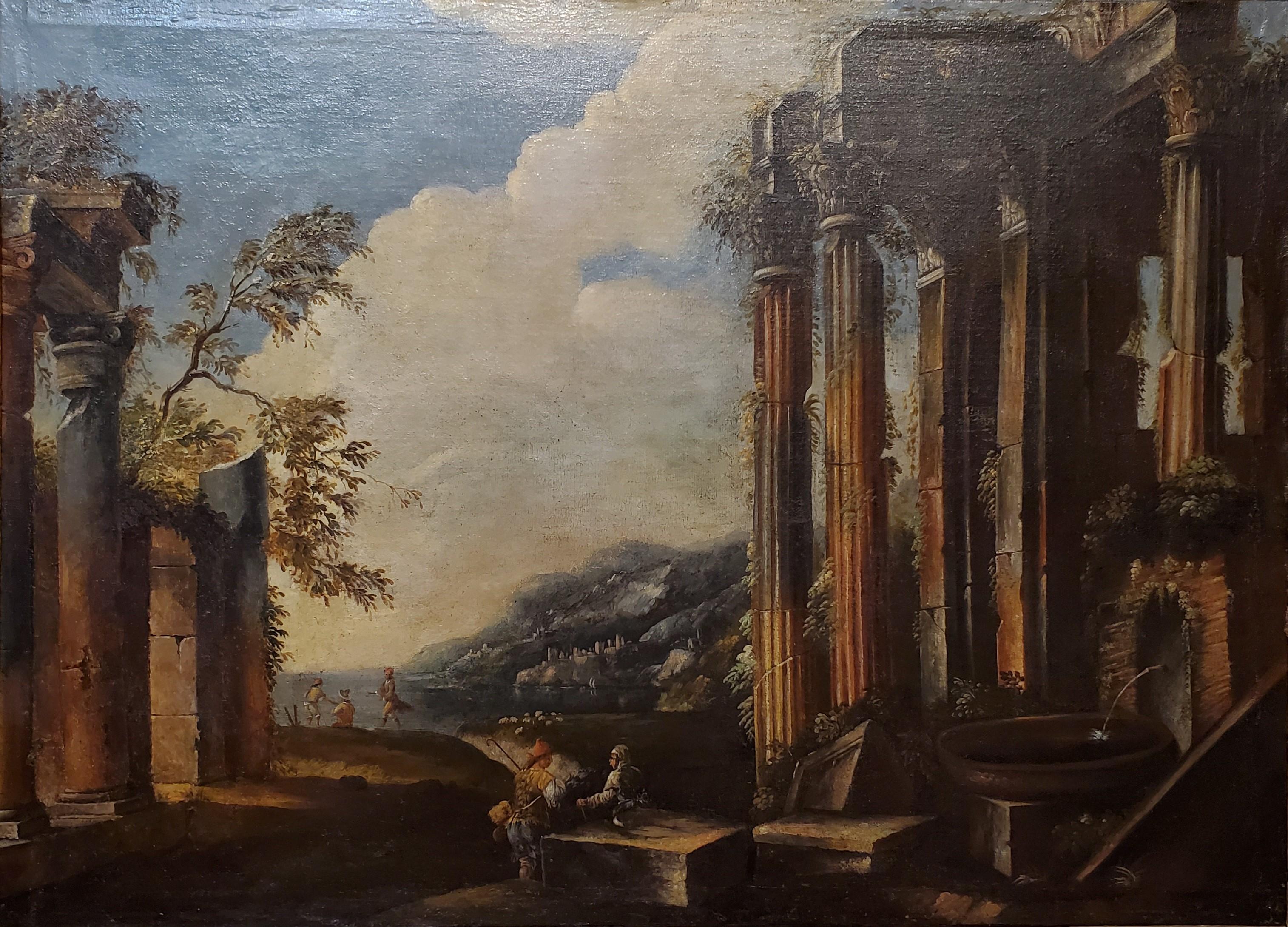 Capriccio, Ölgemälde römischer Ruinen, Italienische Schule 1