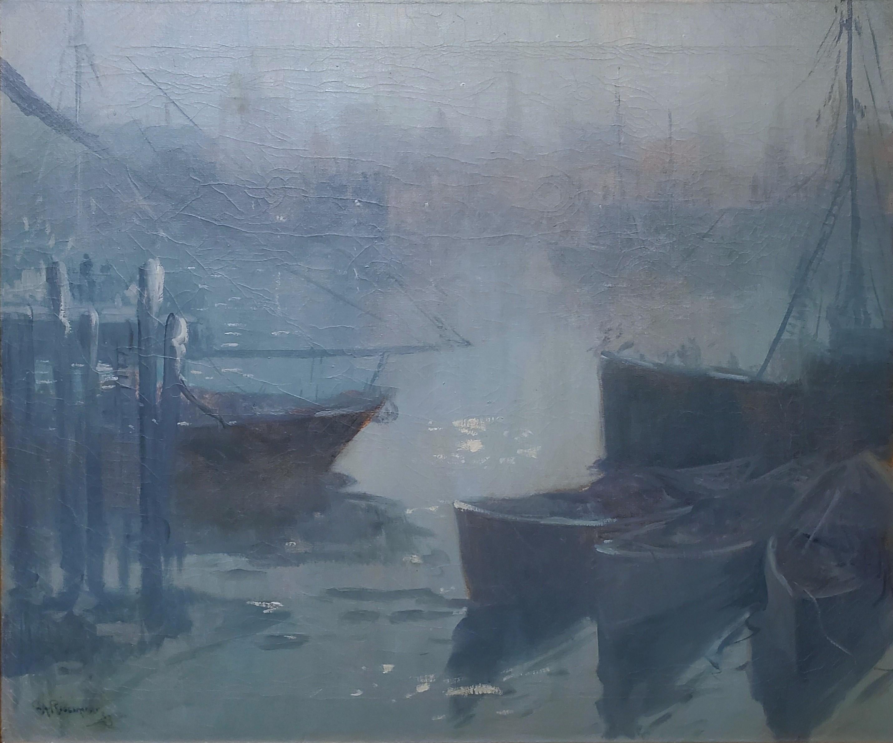 Gloucester Harbor view at Twilight dated 1923 - Painting by Cesare A. Ricciardi