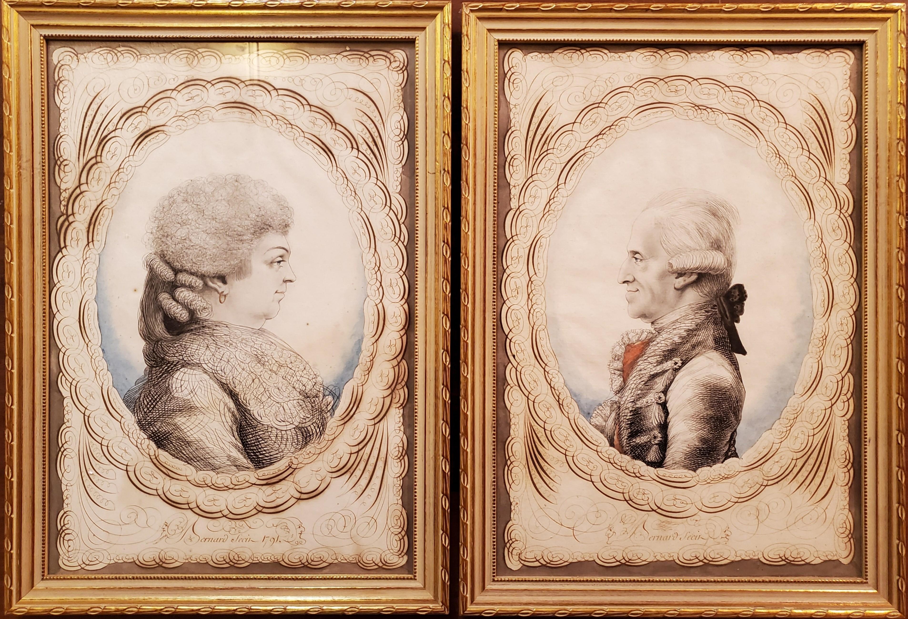 Jean-Joseph Bernard Portrait - Pair of calligraphic watercolor portraits of a French couple signed dated 1791