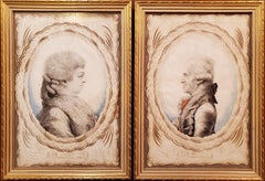 Pair of calligraphic watercolor portraits of a French couple signed dated 1791