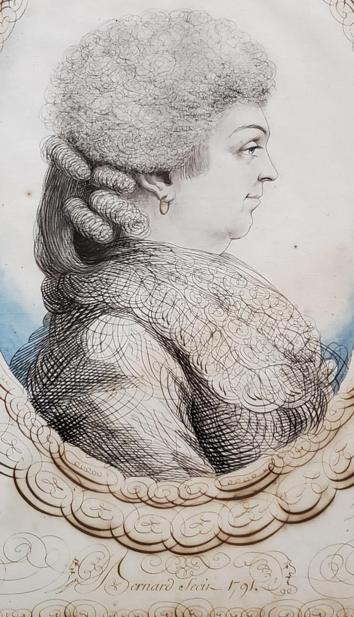 Pareja de retratos caligráficos a la acuarela de una pareja francesa firmados y fechados en 1791.

Fino par de retratos caligráficos de perfil que son acuarela y tinta sobre papel y están firmados y fechados en 1791 por Jean-Joseph Bernard un