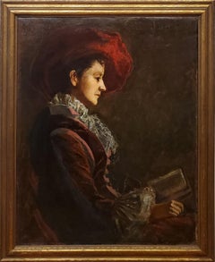 Impressionist Portrait Painting of A Woman in a Red Hat Reading A Book