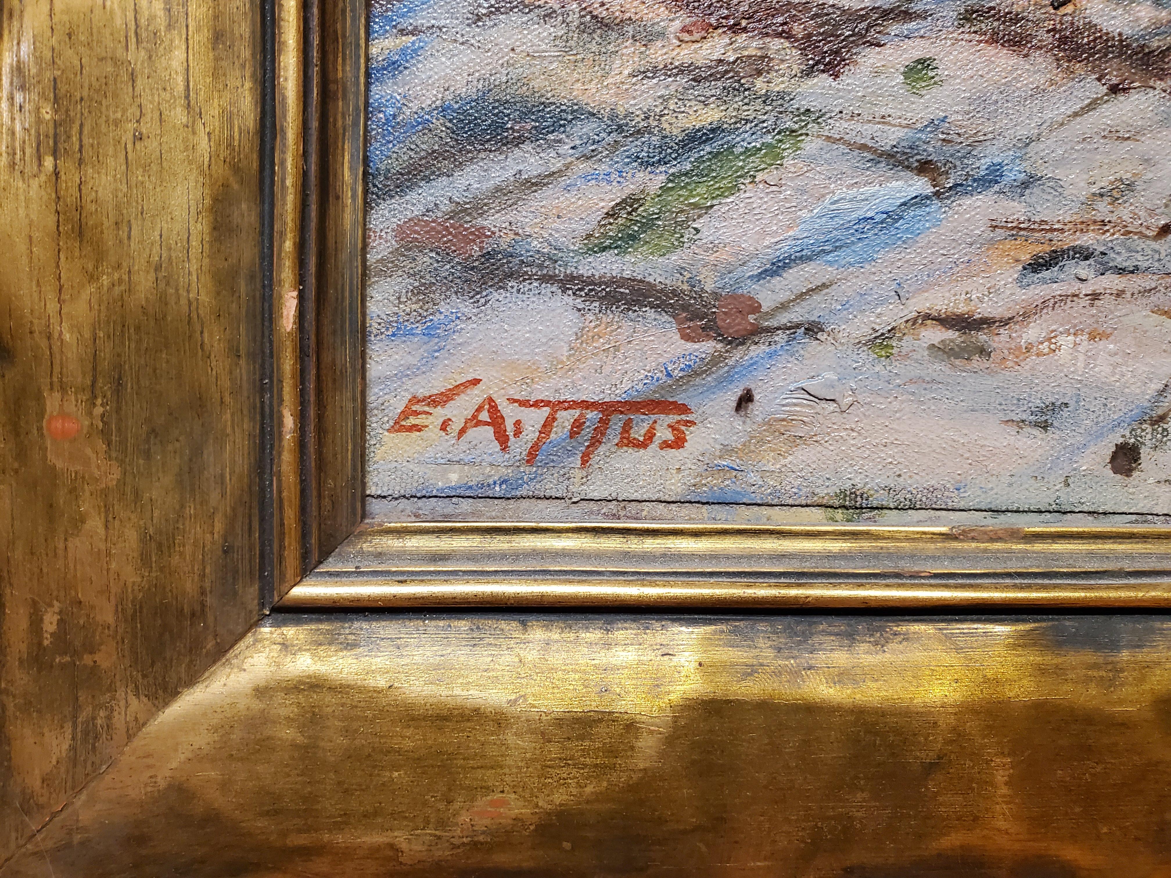 Landscape Painting of a Covered Bridge signed by Earl A. Titus dated 1937.

Signed lower left and identified verso with date of 1937.  

This landscape of a covered bridge in the woods is oil on canvas laid to panel and measures 24 inches tall by 32