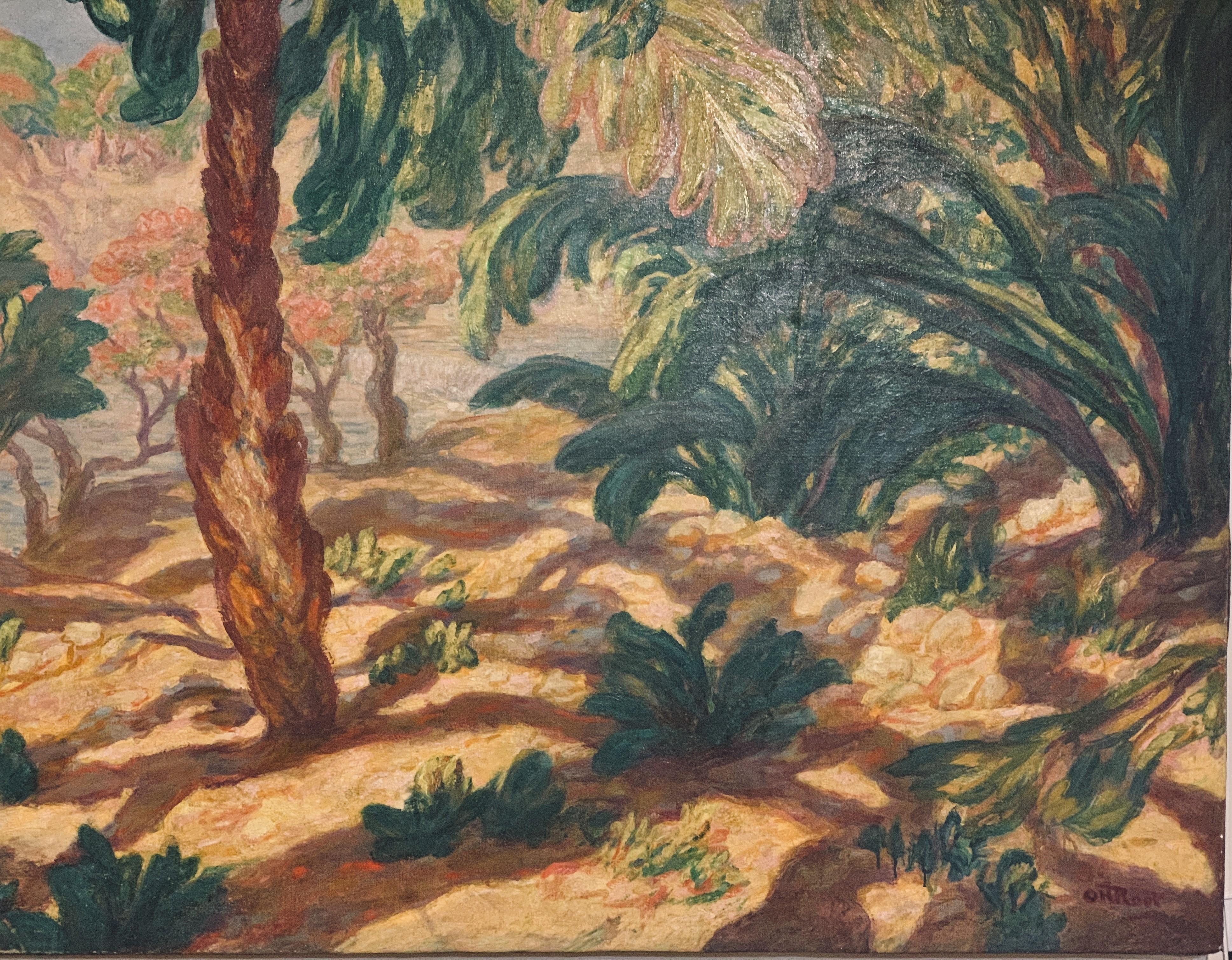 Grand paysage post-impressionniste d'Orville Root   Vue de Giverny - Painting de Orville H. Root