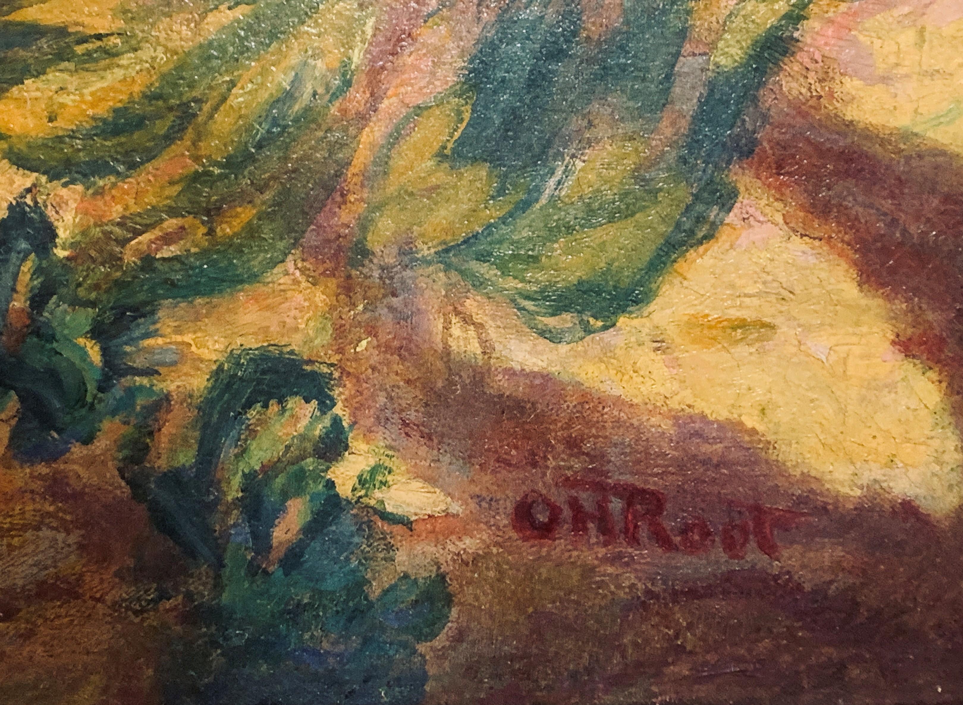Grand paysage post-impressionniste d'Orville Root   Vue de Giverny - Post-impressionnisme Painting par Orville H. Root