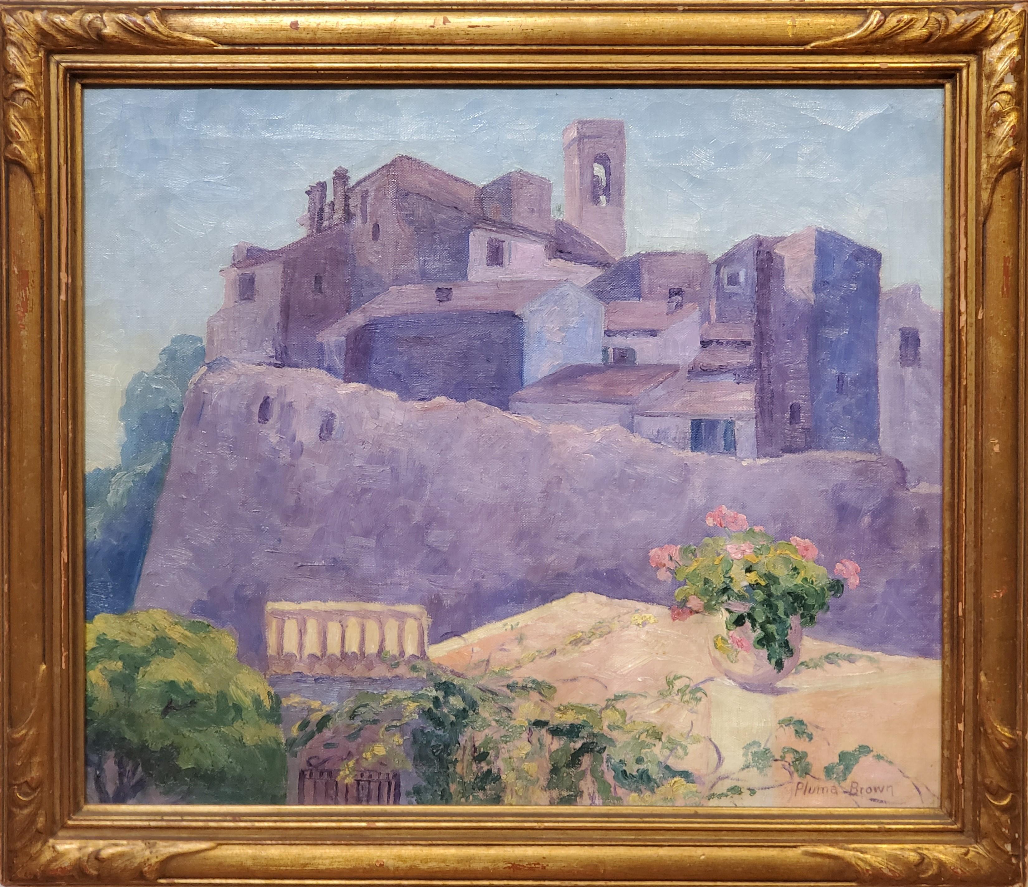 Landscape Painting of a European View dated 1916 by Pluma Brown.

This landscape oil painting is on canvas and measures 18 inches tall by 21 inches wide.

In the original arts and crafts metal leaf frame measuring 21.5 inches tall by 24 inches