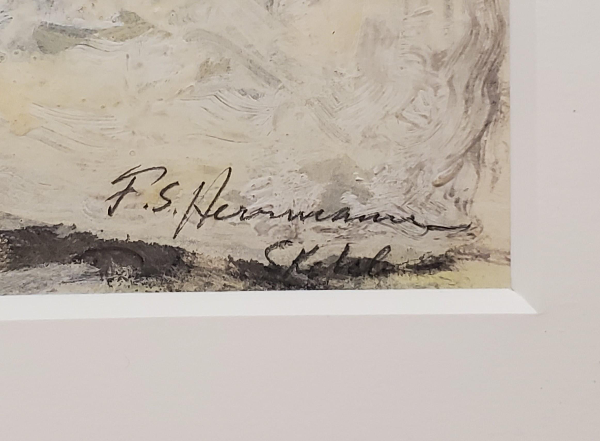 Aquarell-Landschaft von Häusern:: signiert von Frank Simon Herrmann:: amerikanisch 1866-1942. 

Aquarell auf Papier:: 14 Zoll x 18 Zoll ungerahmt und in maßgefertigtem Passepartout. 

Frank Herrmann:: ein Amerikaner:: der vor allem in Deutschland