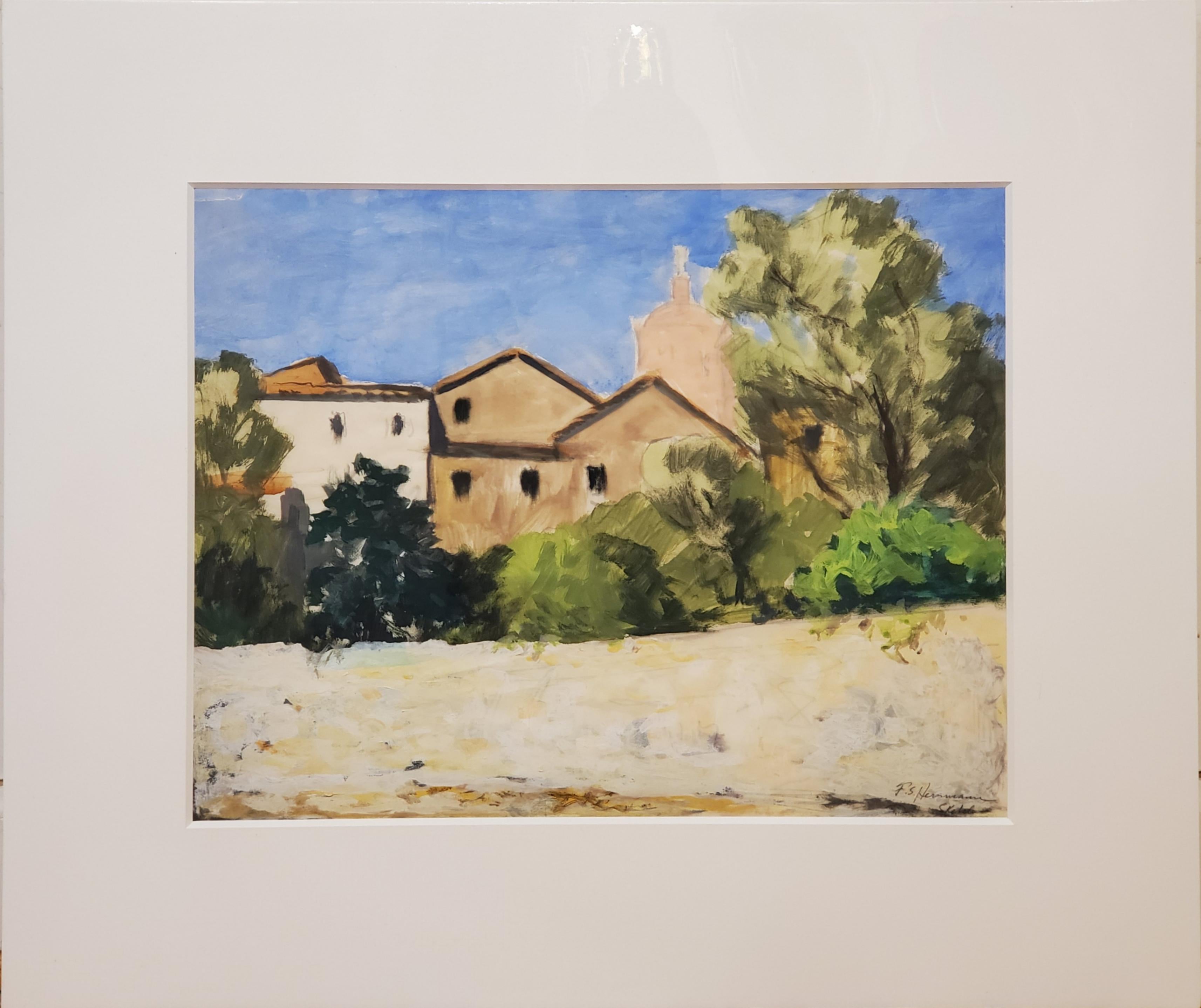 Aquarell-Landschaft mit Häusern:: signiert von Frank Herrmann – Art von Frank Simon Herrmann