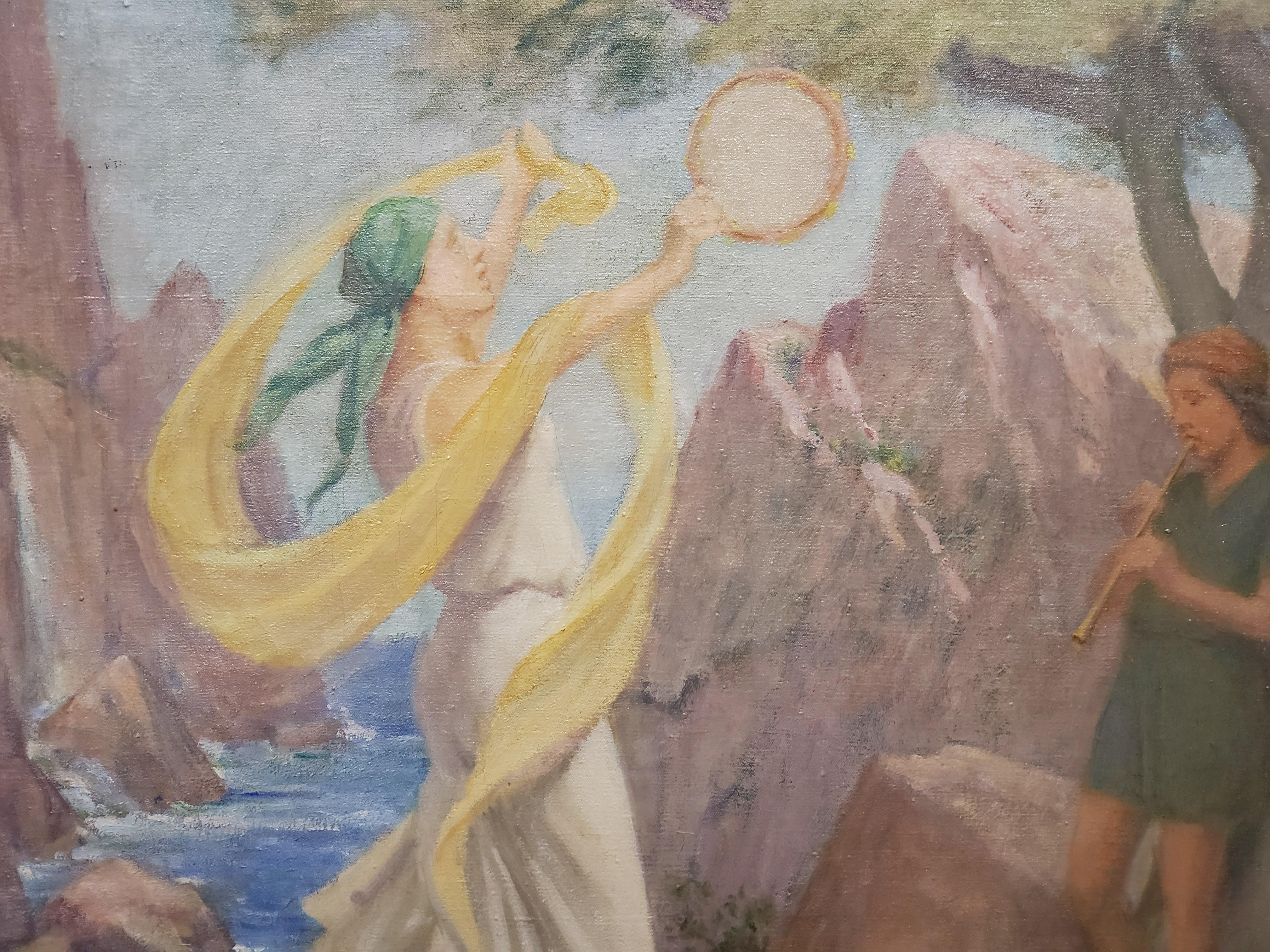 Dies ist ein ausgezeichnetes allegorisches Werk in angenehmen Pastellfarben von Charles E. Mills, einem amerikanischen Künstler, der zwischen 1856 und 1956 lebte. 

Das Gemälde zeigt zwei Musiker, die unter den Bäumen in der Nähe des Meeres in einer