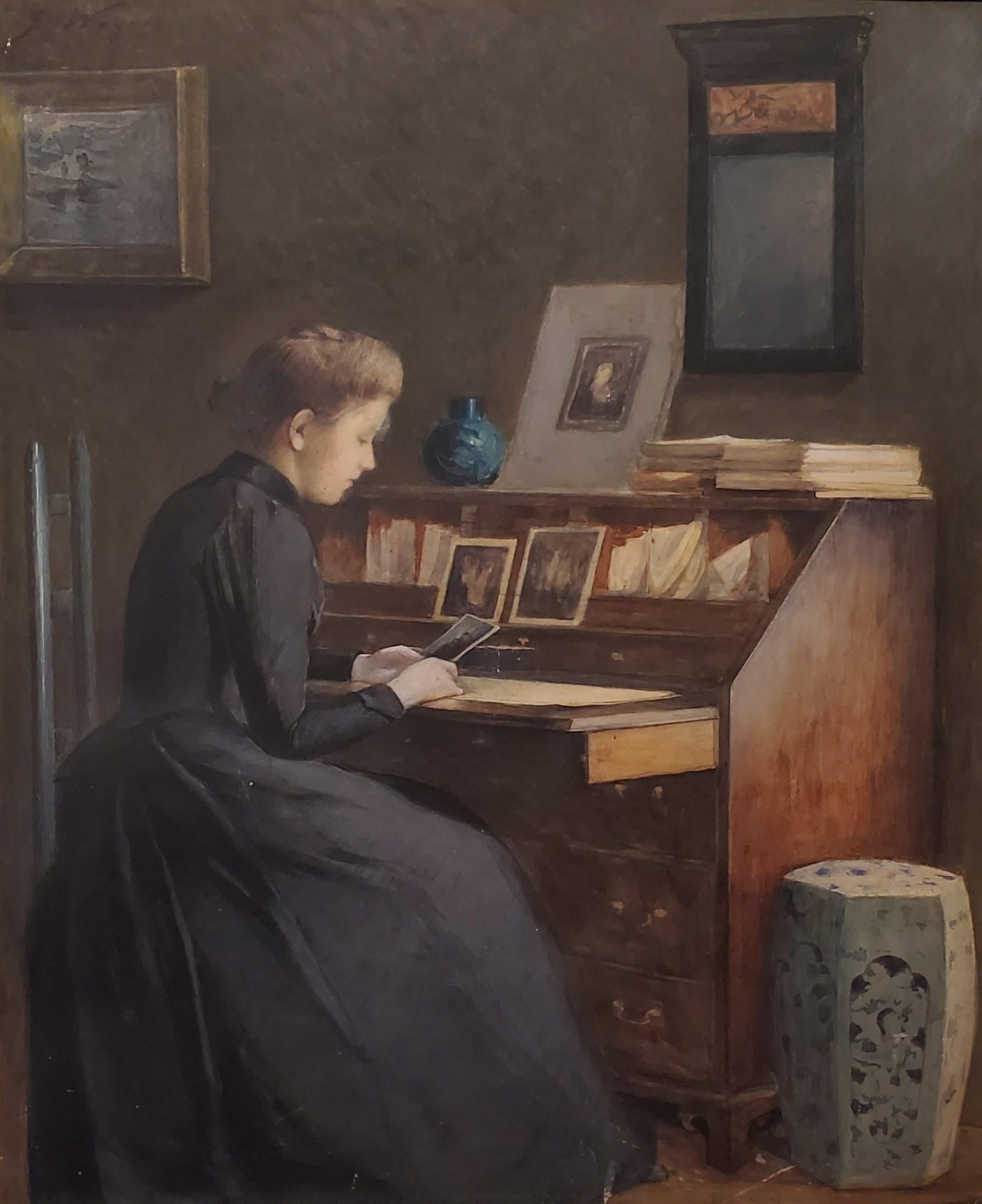Jacob D. Wagner Interior Art - Watercolor Portrait of a Woman Writing at a Desk