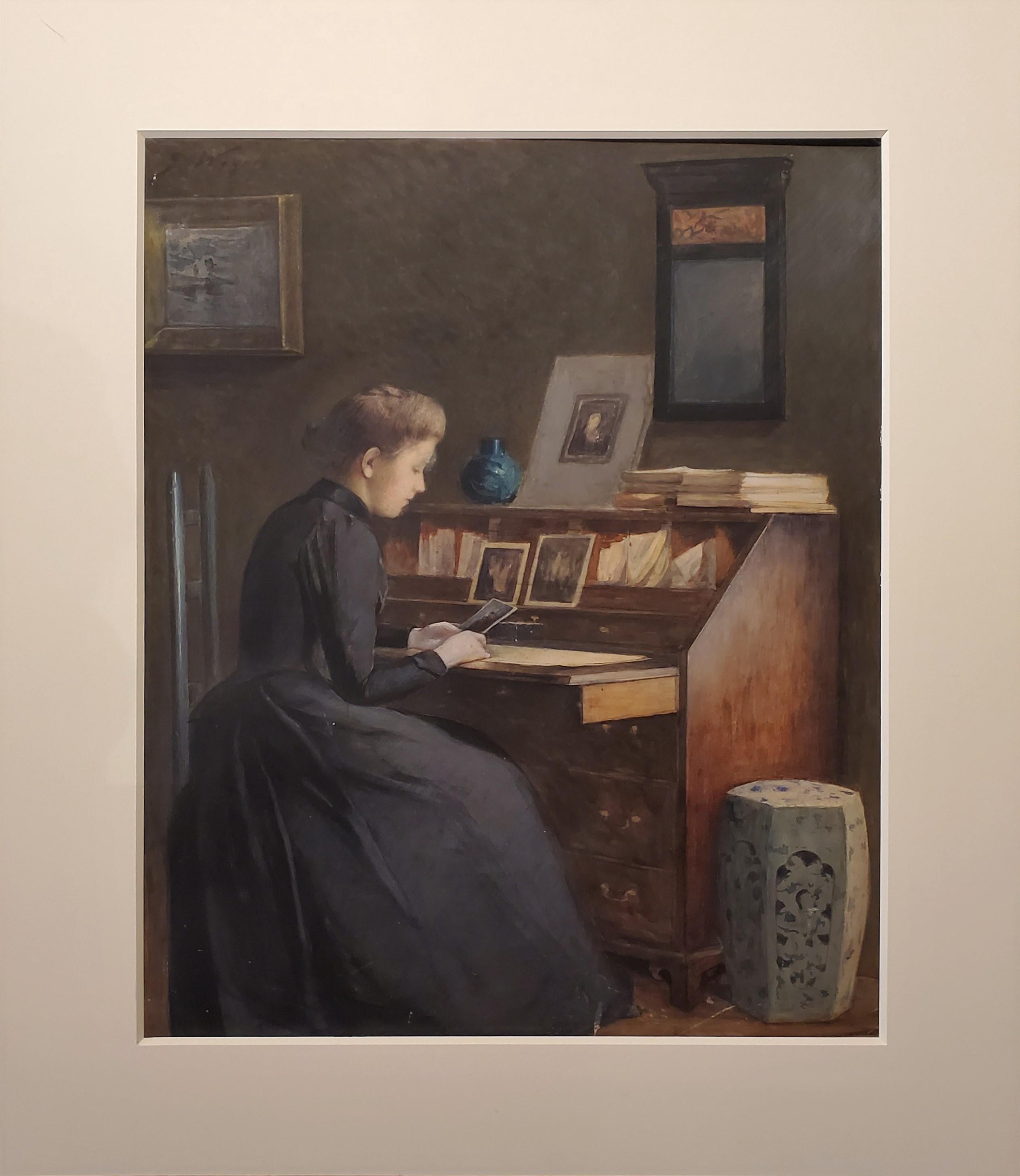 Portrait à l'aquarelle d'une femme écrivant à un bureau - Art de Jacob D. Wagner