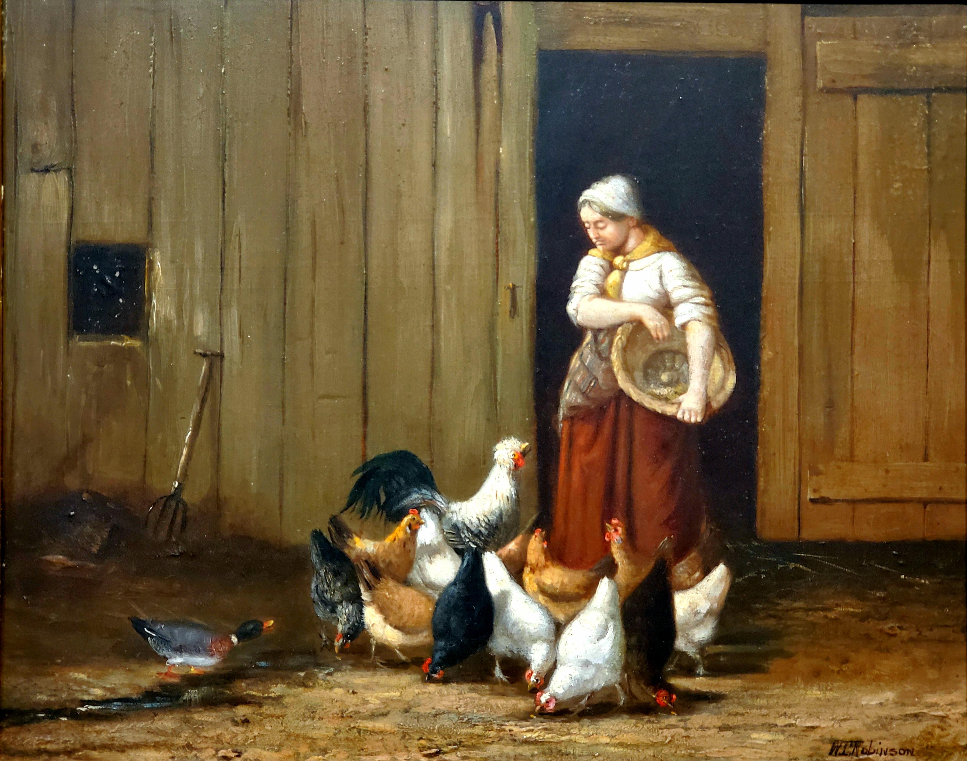 Woman Feeding Her Hens In The Barnyard At The Farm by  William Robinson - Painting by William T. Robinson