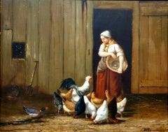Woman Feeding Her Hens In The Barnyard At The Farm by  William Robinson