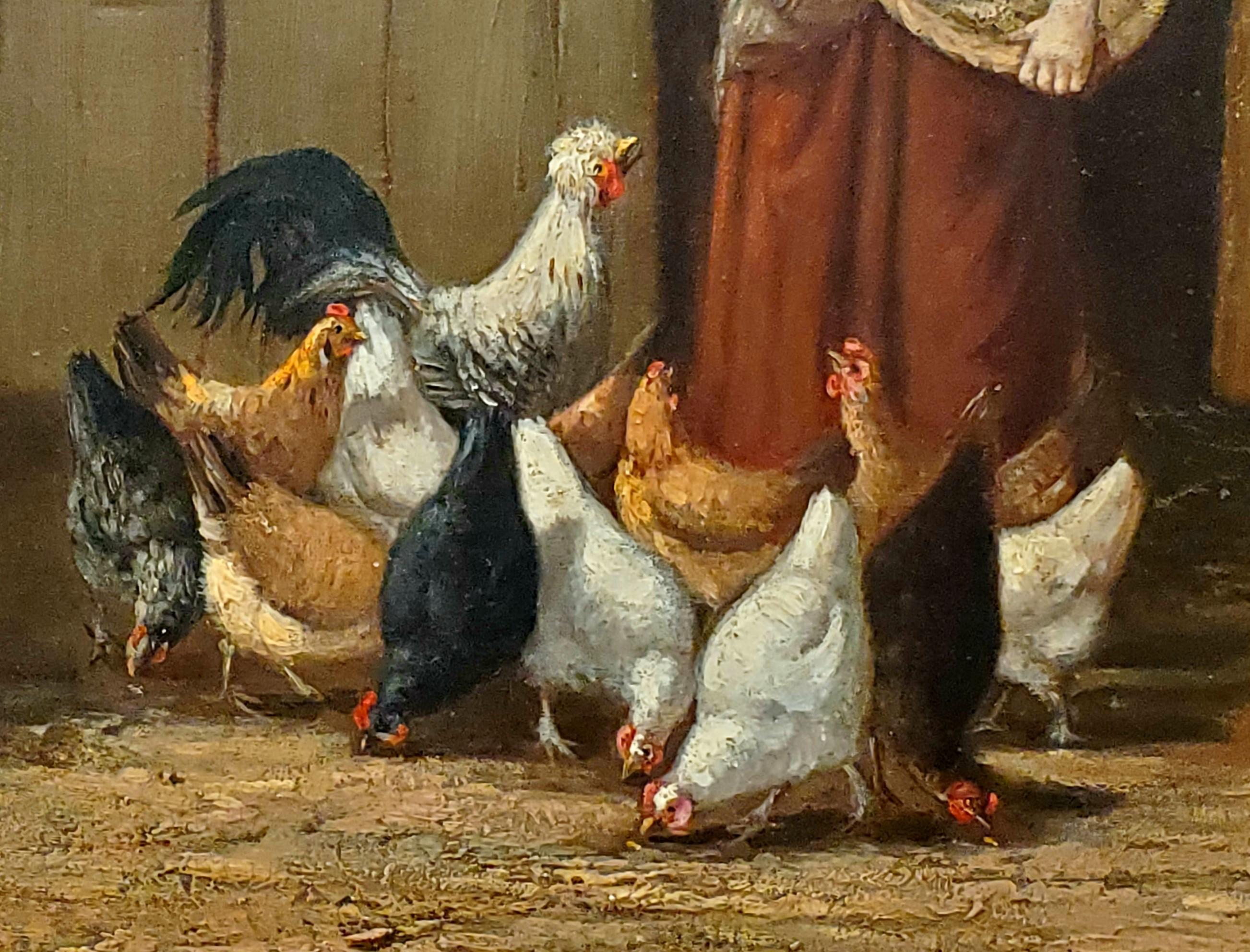 Une femme nourrit ses poules dans la basse-cour de la ferme. 

Cette peinture à l'huile est sur panneau et mesure 15::5 pouces de large par 12::5 pouces de haut. Elle est signée dans le coin inférieur droit par William T. Robinson. 

Cette peinture