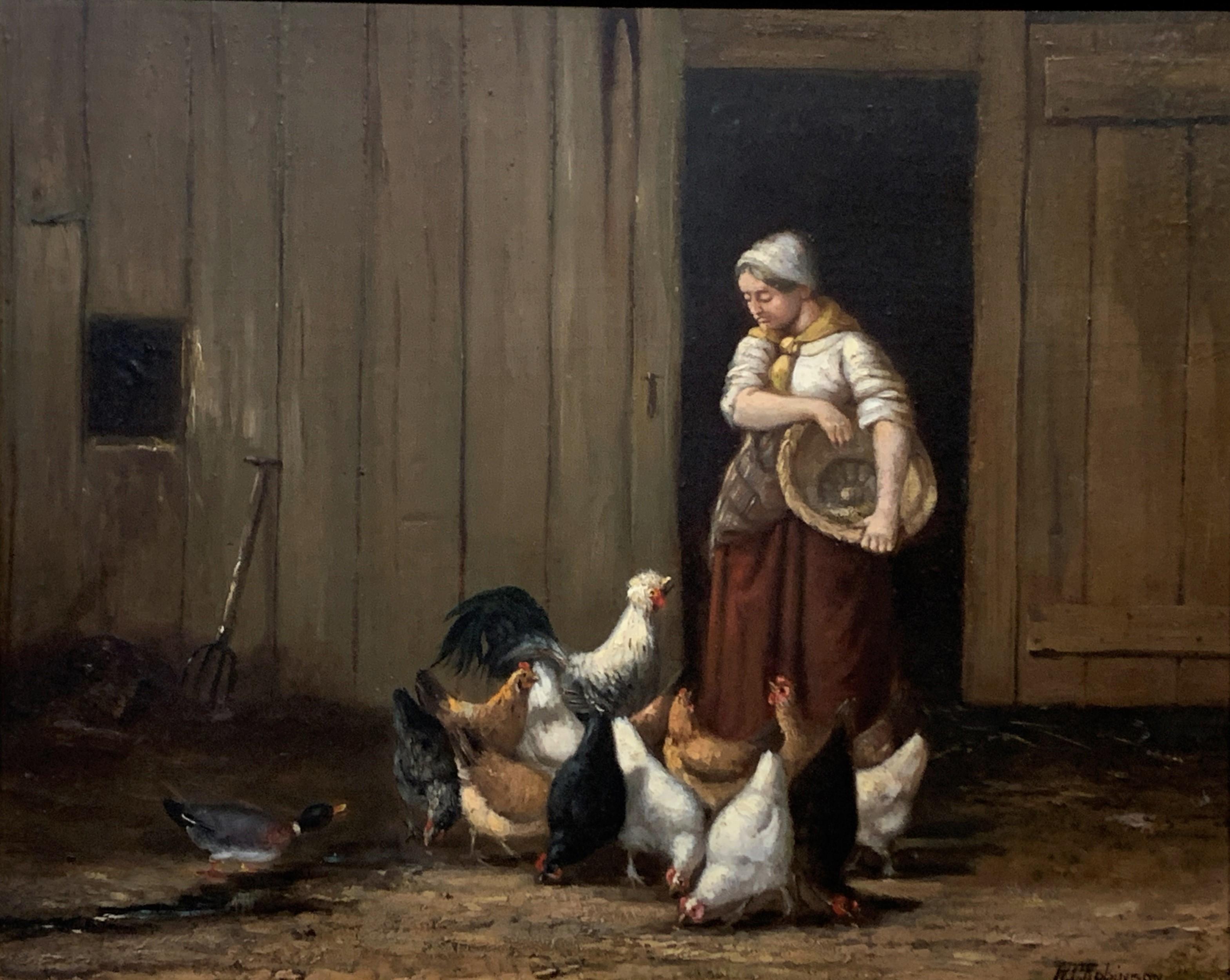 Woman Feeding Her Hens In The Barnyard At The Farm by  William Robinson 1