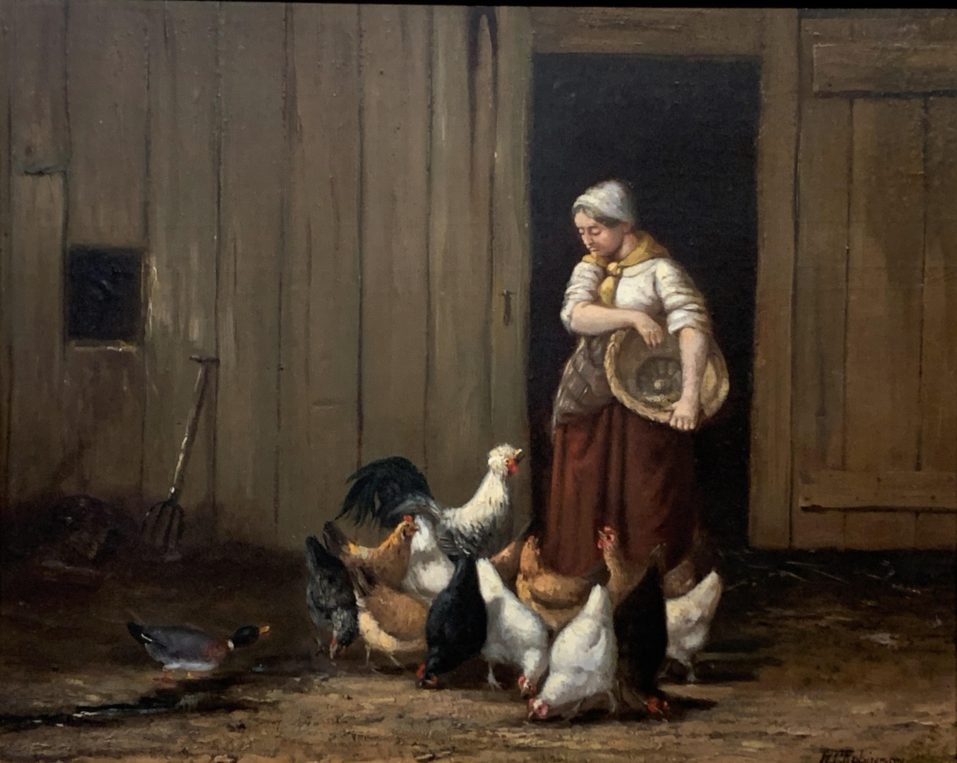 Femme nourrissant ses poules dans la cour de la ferme:: par William Robinson 4