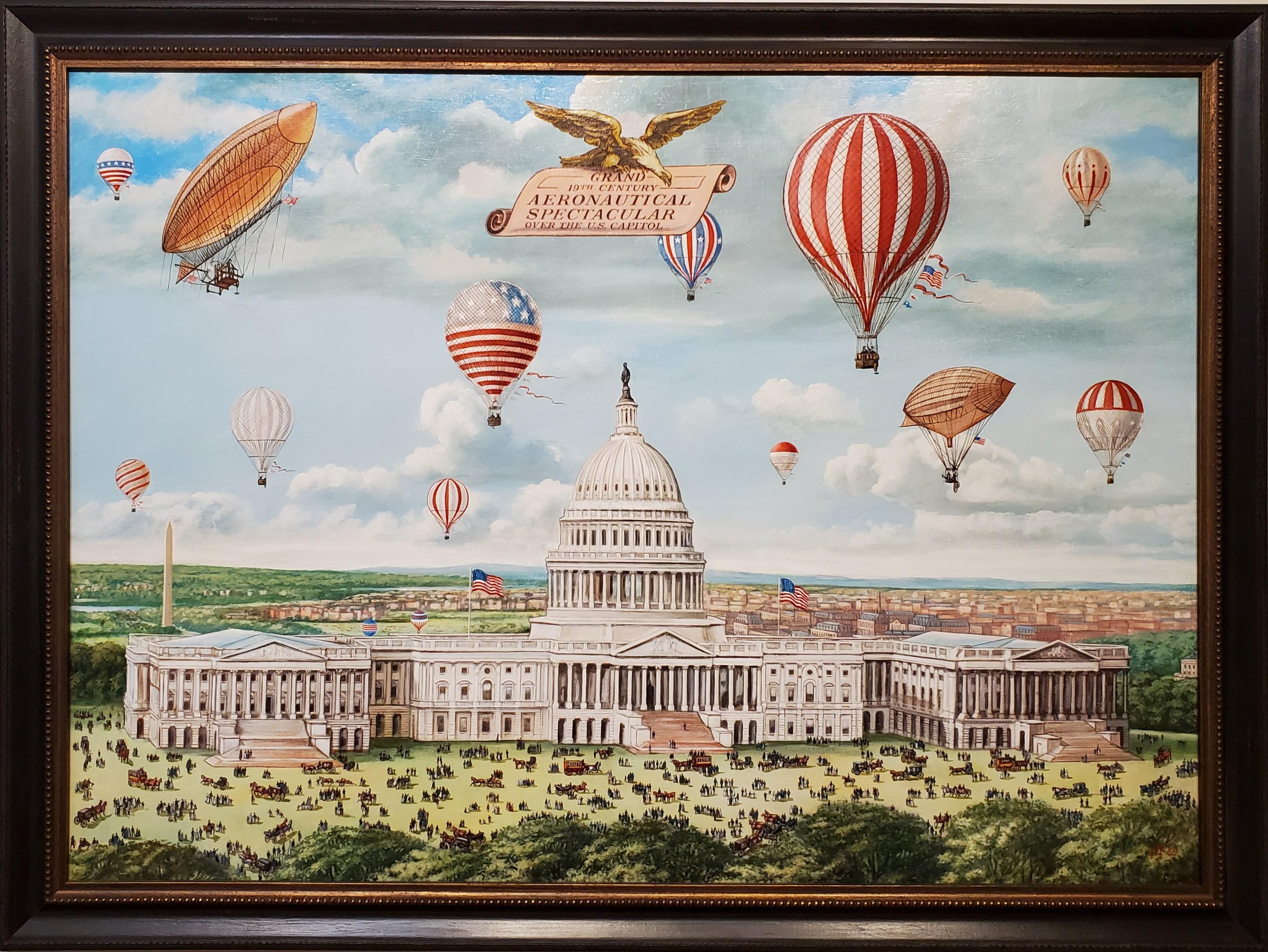 Grand 19th century Aeronautical Spectacular Over the US Capitol by Morris Flight. 

This is a large 20th century folk art painting titled "Grand 19th century Aeronautical Spectacular Over the US Capitol and is initialed MF '59 in the lower right