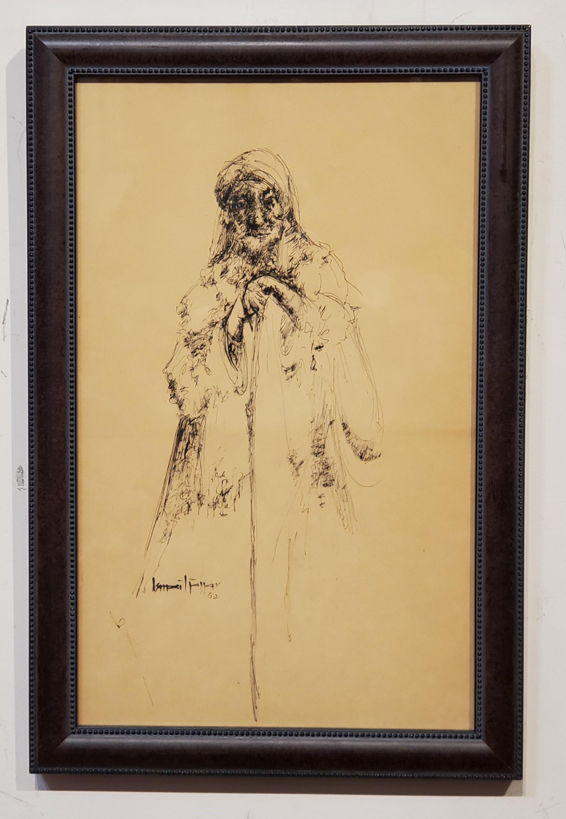 Ink Drawing of a Peasant Holding a Cane, dated '62 - Art by Unknown