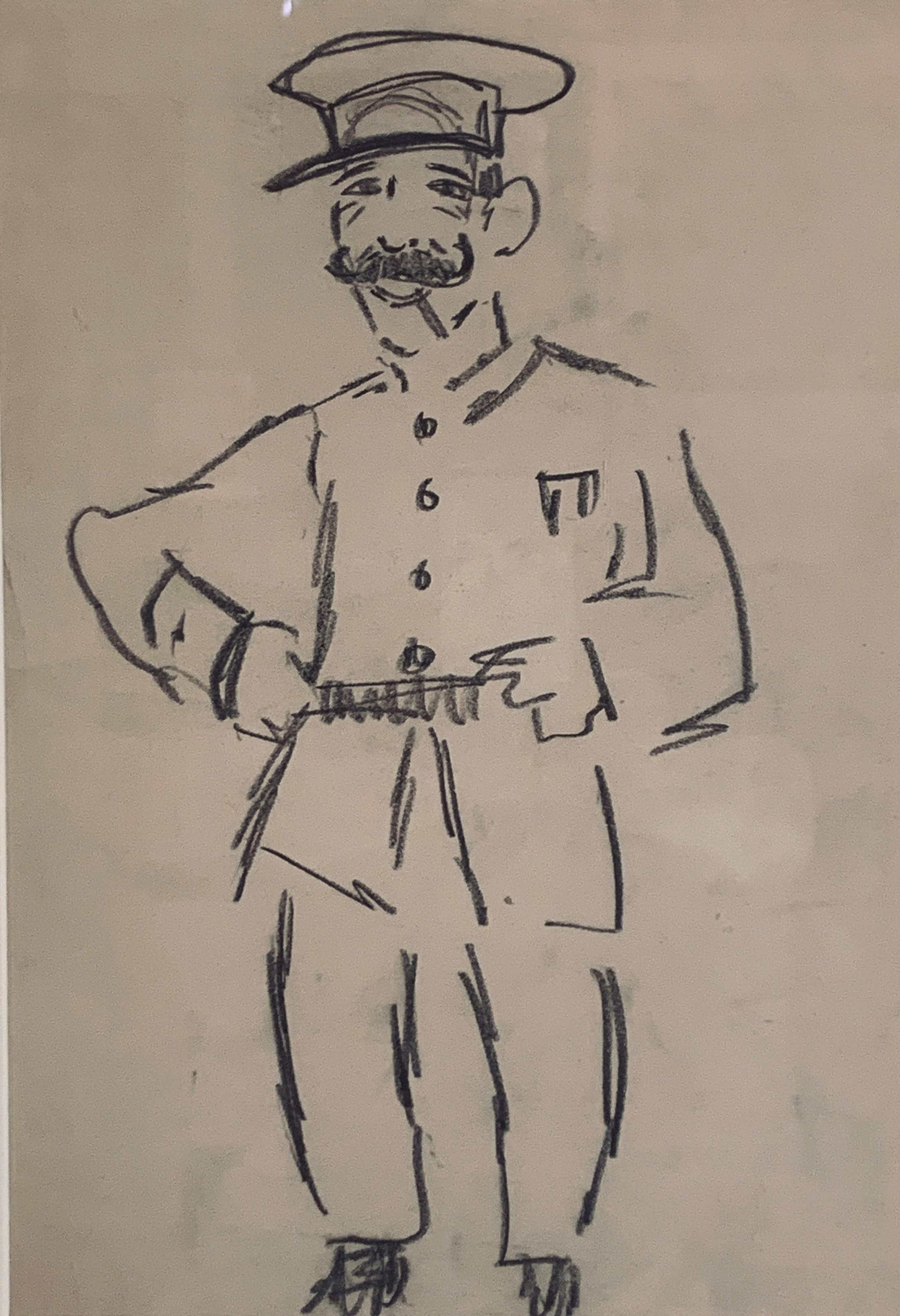 Marjorie Organ  Sketch of a French Police Man,  Charcoal on Paper 1