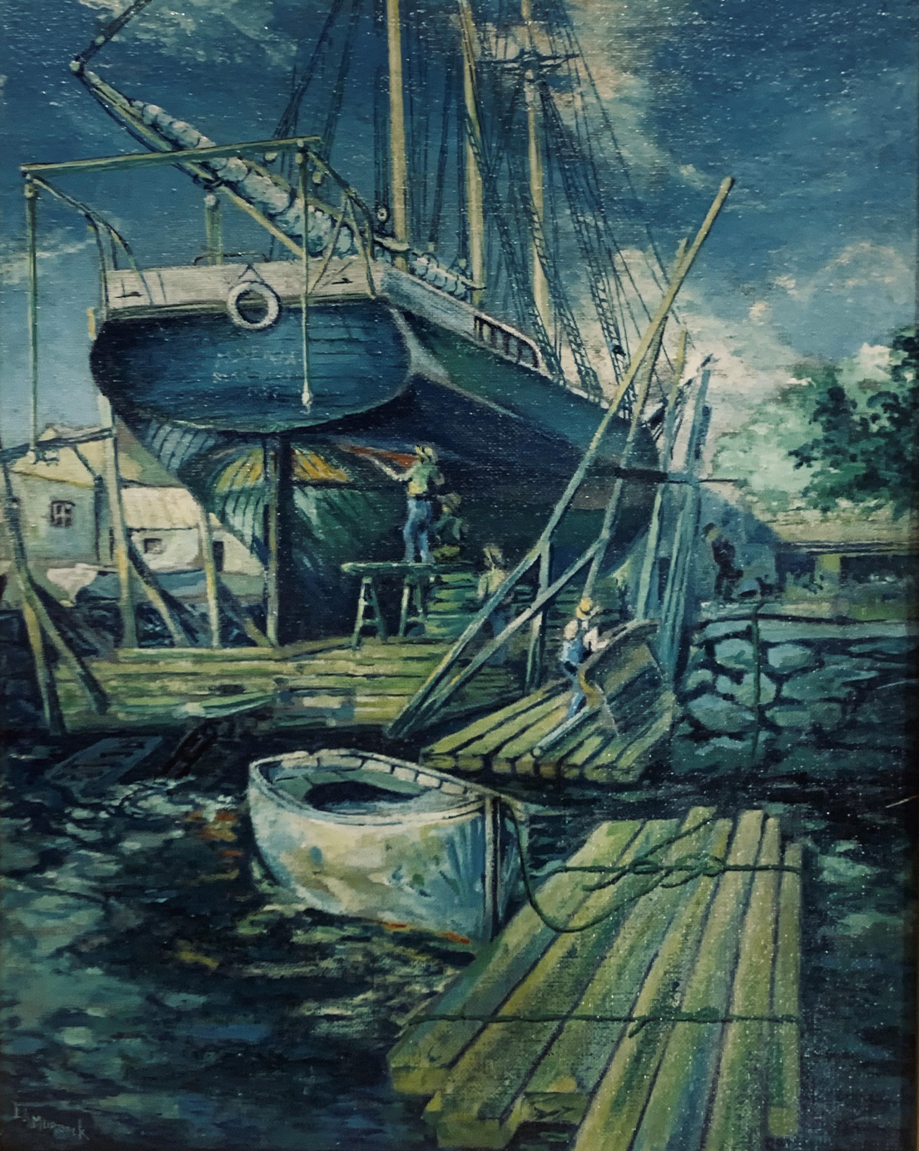 Boote Dockside von Edwin Murdock, die Alvenia.   Öl auf Leinwand, um 1915. – Painting von Edwin F. Murdock