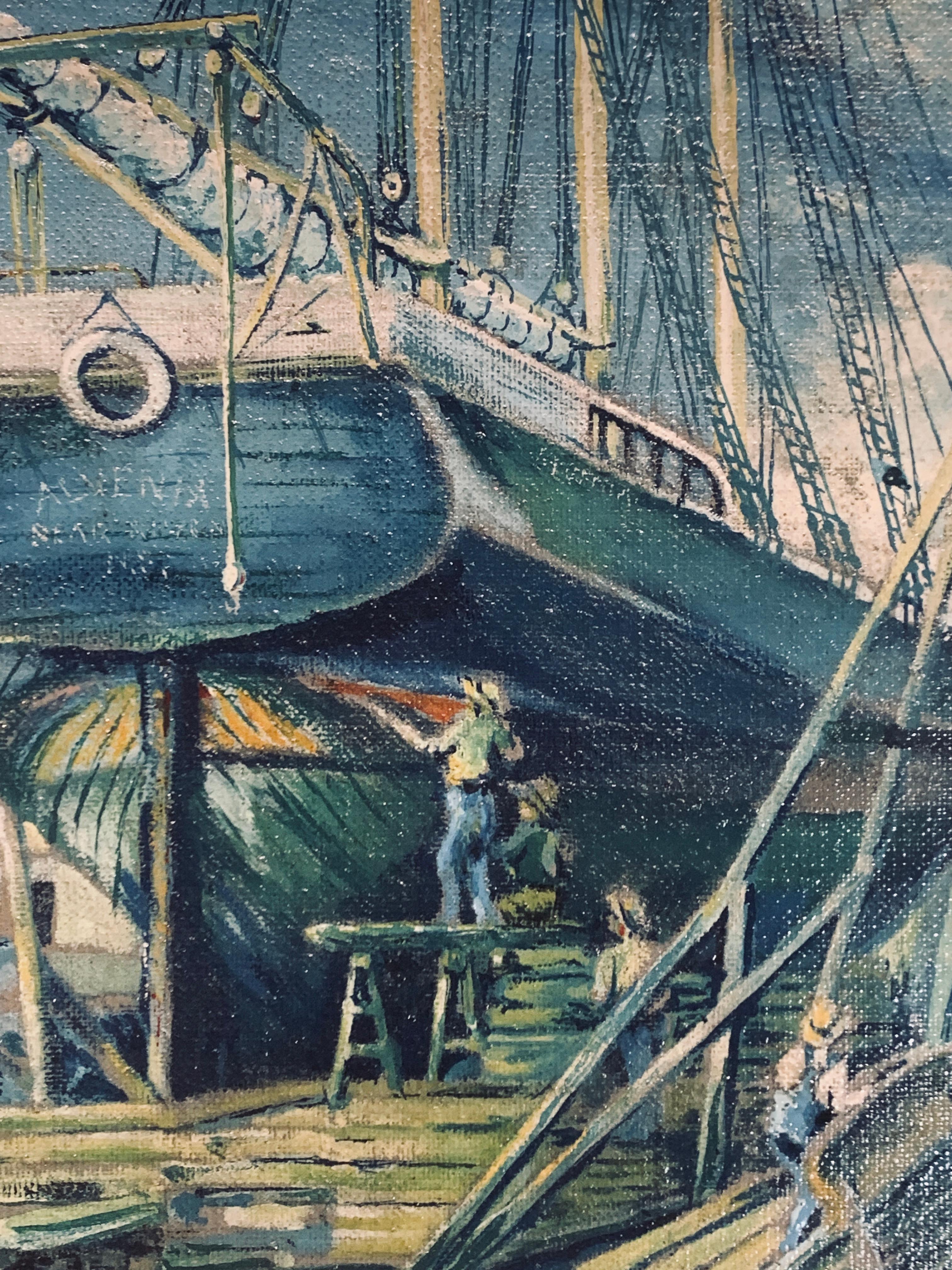 Boote Dockside von Edwin Murdock, die Alvenia.   Öl auf Leinwand, um 1915. (Amerikanischer Realismus), Painting, von Edwin F. Murdock