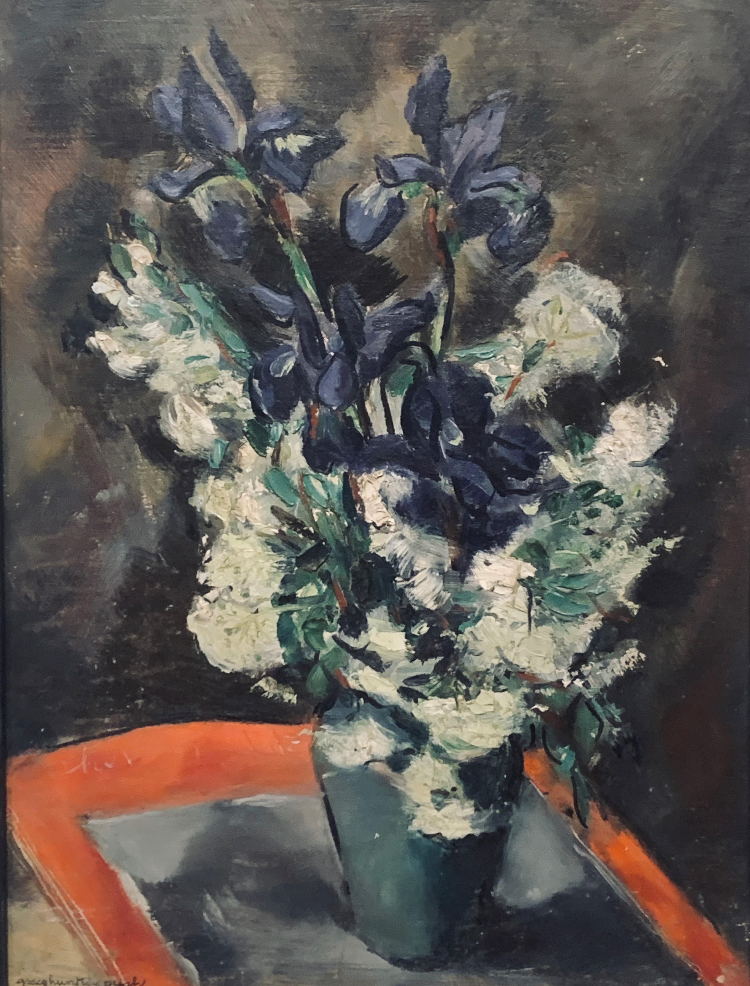 Table Top Floral Still Life in a Green Pottery Vase, Woman artist Grace H. Pugh - Painting by Grace Huntley Pugh