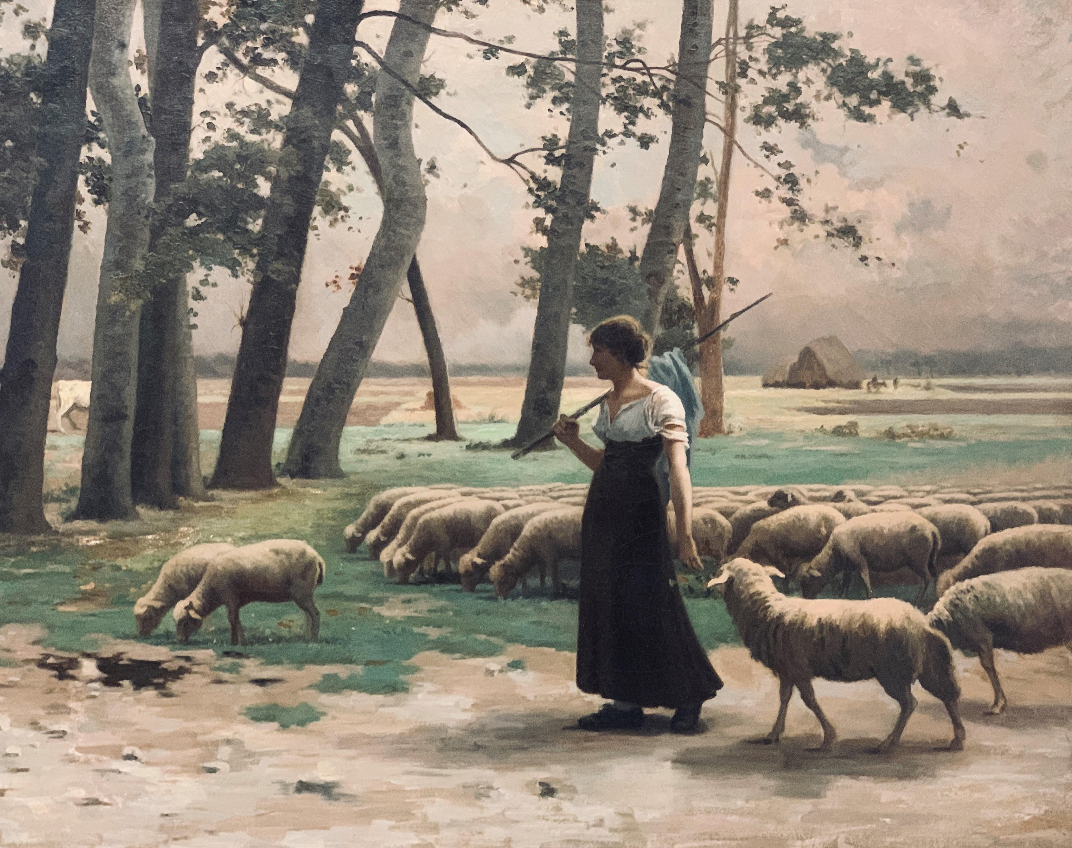Alfred Copeland Shepherdess and Sheep, dated 1885 - Painting by Alfred Bryant Copeland