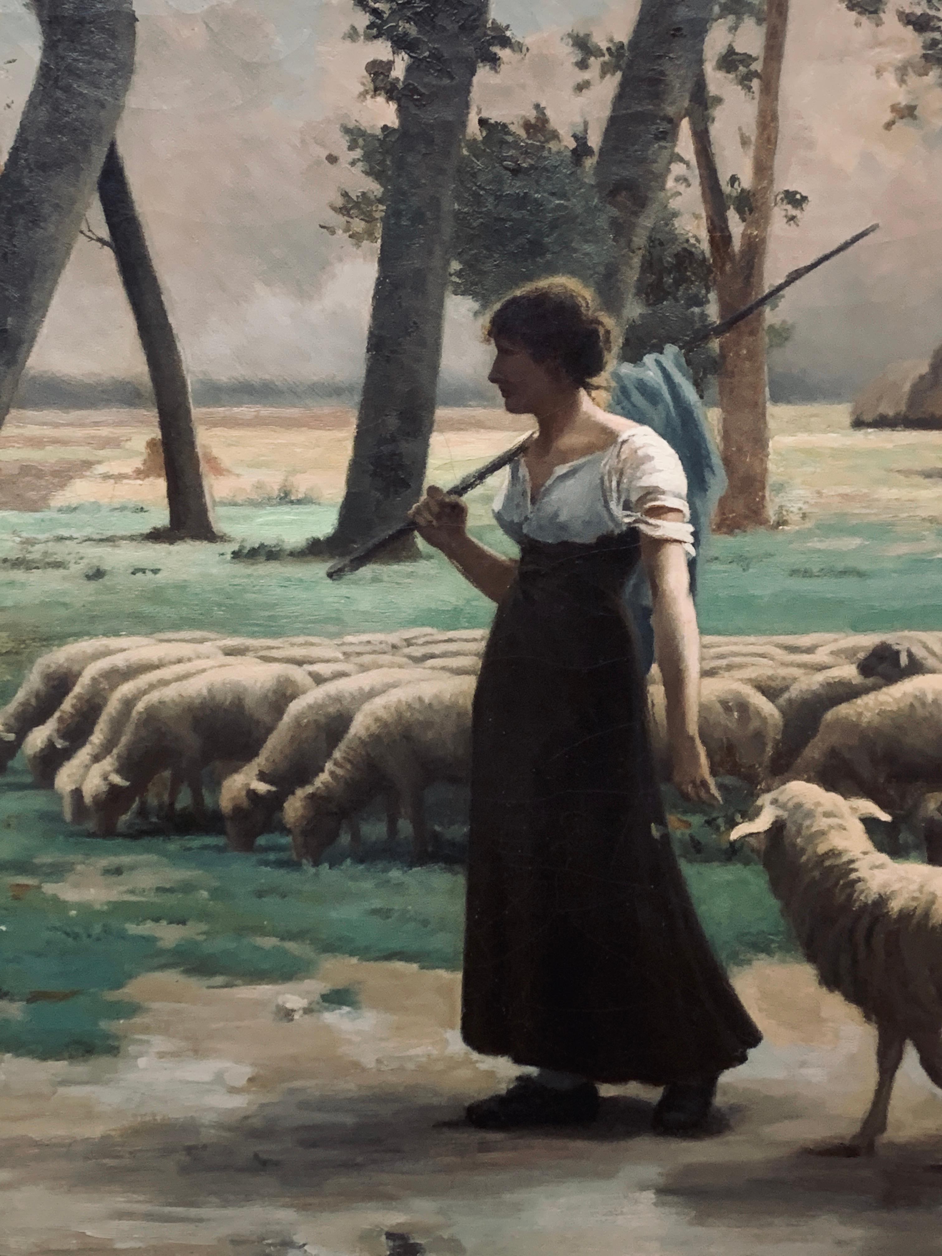 Bergère et moutons d'Alfred Copeland, daté de 1885 - Réalisme américain Painting par Alfred Bryant Copeland