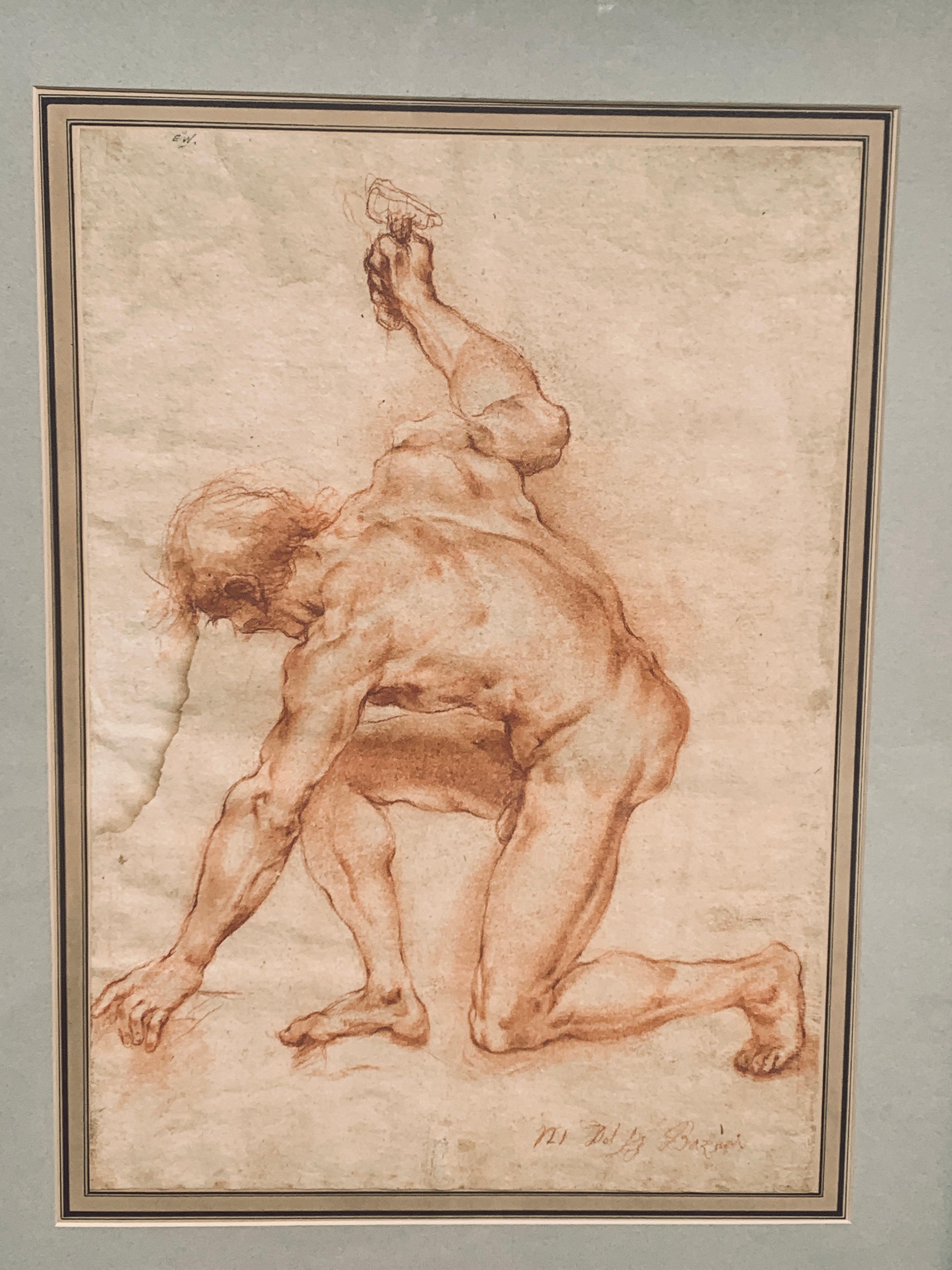 Sepia Drawing of a Male Nude Holding an Anvil, Attributed G. Bazzini 1690-1769 - Art by Giuseppe Bazzani  