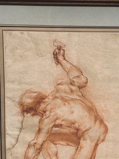 Sepia Drawing of a Male Nude Holding an Anvil, Attributed G. Bazzini 1690-1769